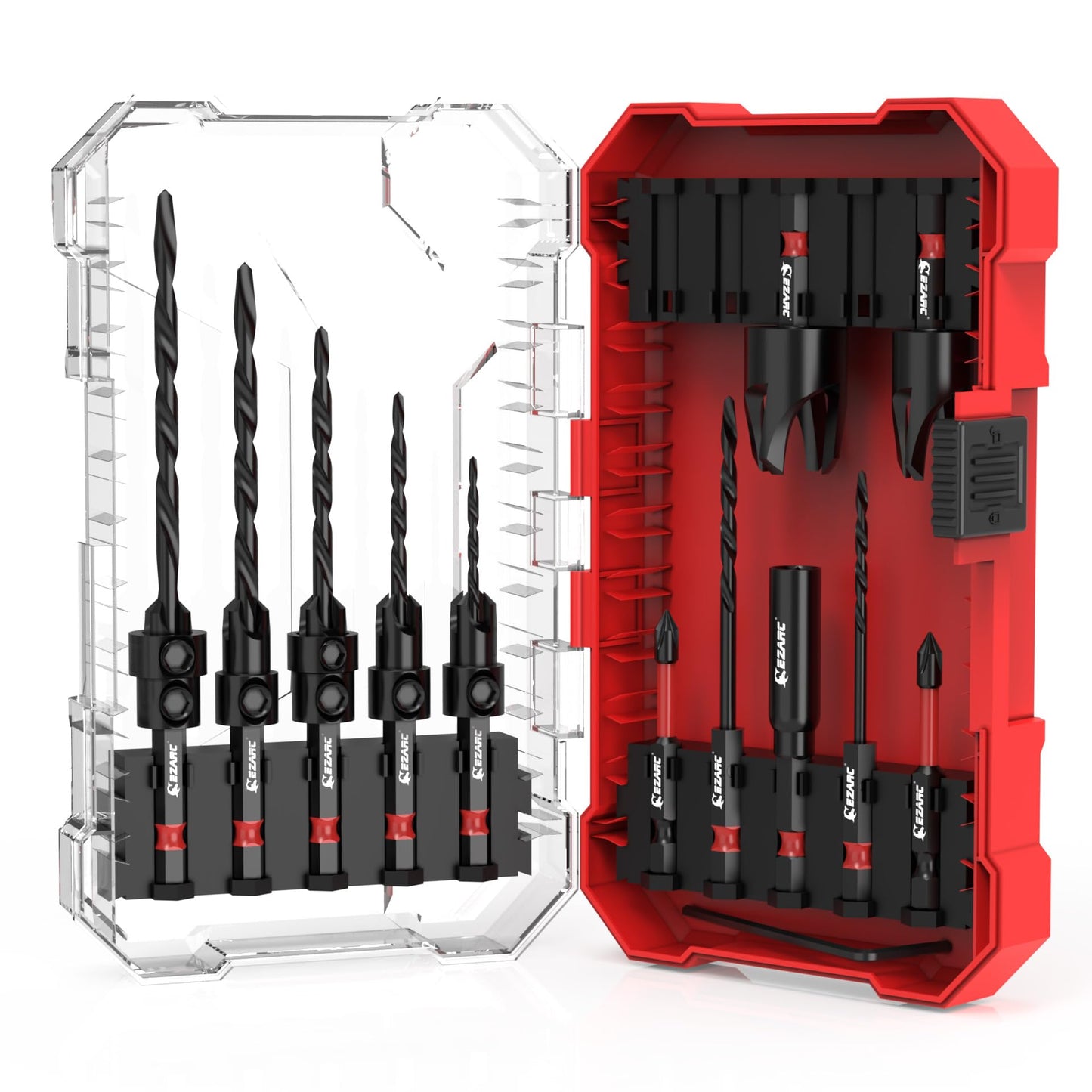 EZARC 15-Piece Countersink Drill Bit Set, Tapered Bits with 2 Wood Plug Cutters, 1/4" Hex Shank Quick Change, Woodworking Kit with Storage Box