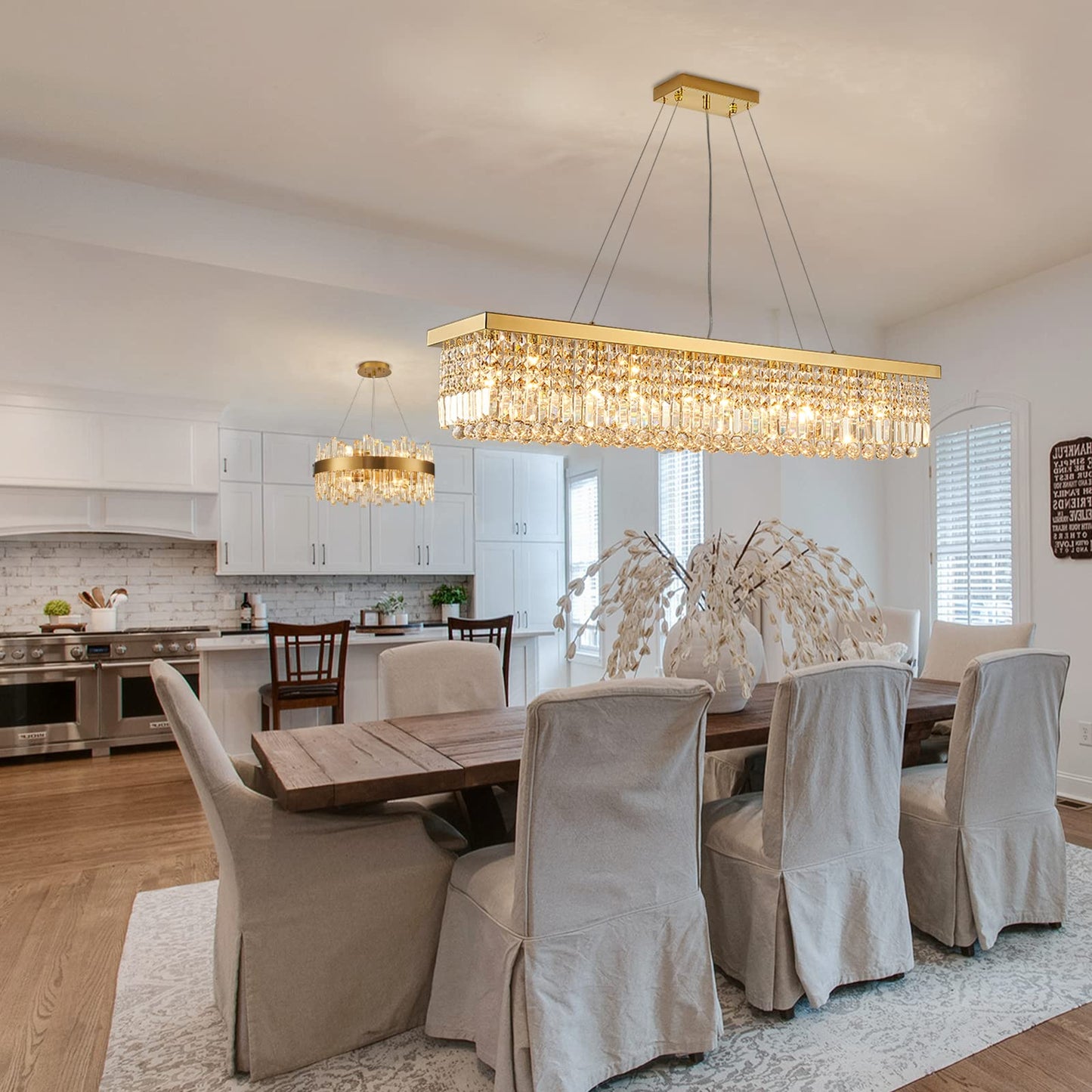 Siljoy 10-Light Modern Gold Crystal Chandelier, Rectangular Raindrop Pendant Ceiling Light for Dining Room, Kitchen Island, Bar