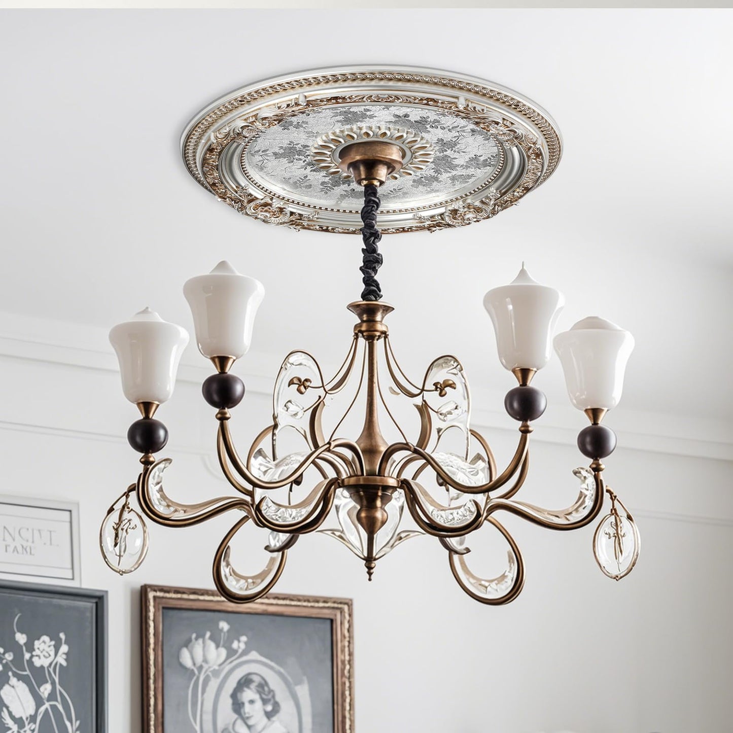 KIOMIMI 24.4 inch Decorative Ceiling Medallion for light fixtures, Silver and Gold Finish