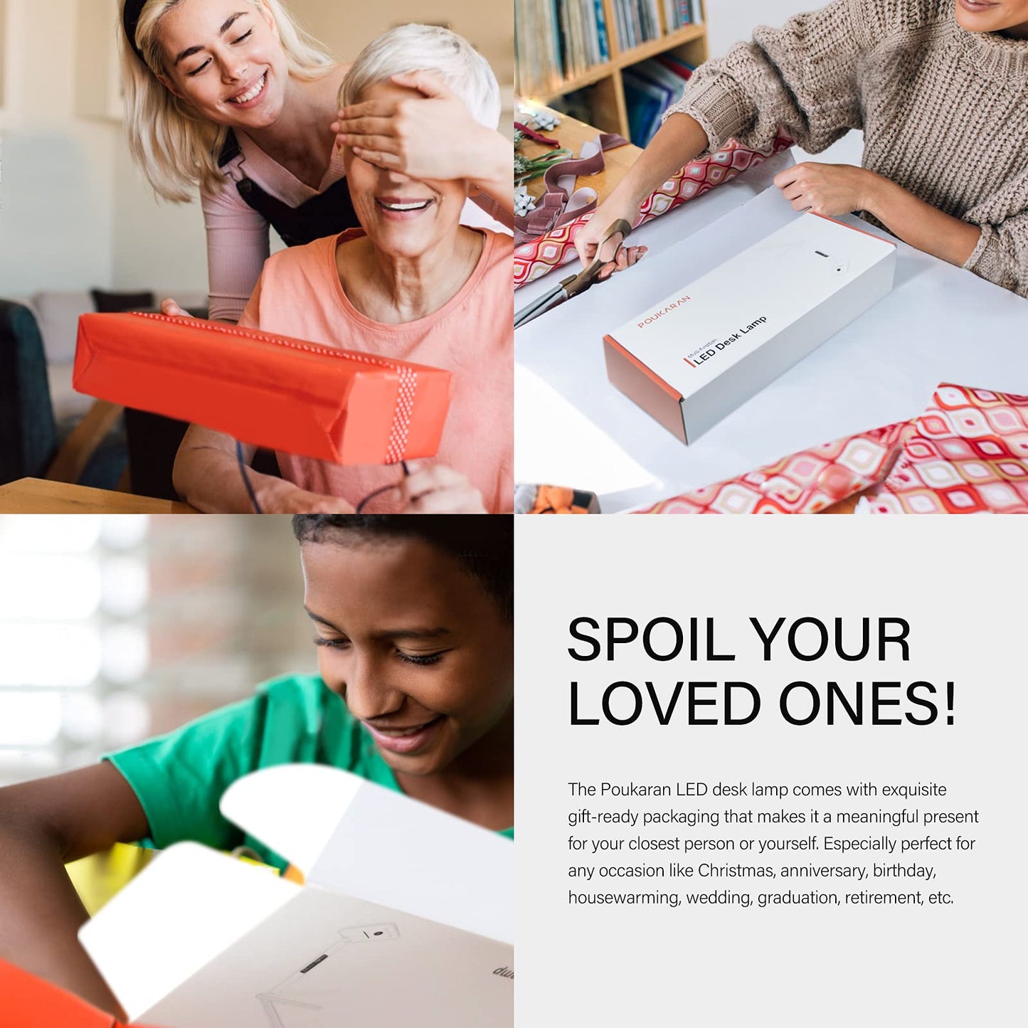 poukaran LED Desk Lamp with Wireless Charger, USB Charging Port, Table Lamp with Clock, Alarm, Date, Temperature, Desk Lamps for Home Office,Black