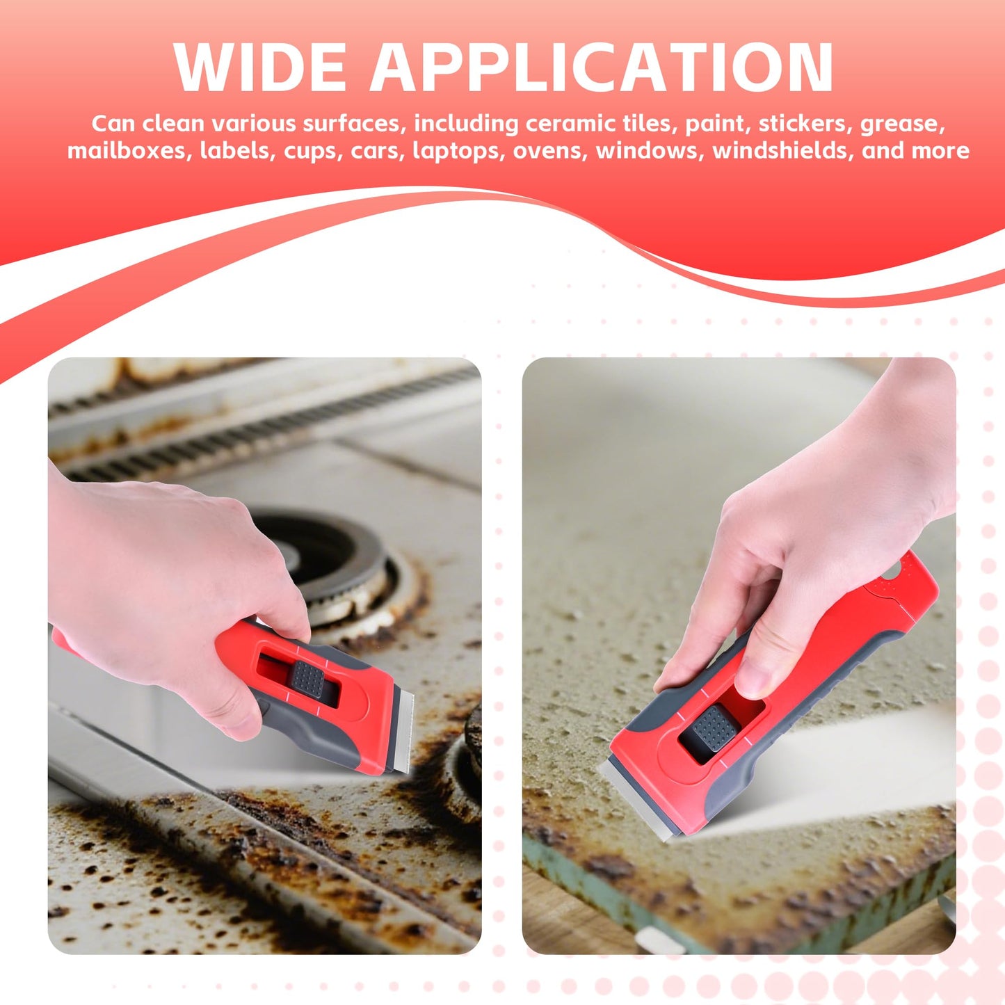 Razor Blade Scraper with 10 Blades & 3 Wire Brushes, Glass Window Cooktop Oven Stove Cleaner, Built-In Storage, Lock, Gray