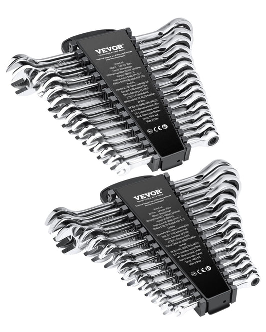 VEVOR 30-Piece Ratcheting Combination Wrench Set with Rack, Cr-V Steel, SAE 1/4"-1" & Metric 8-24mm for Garage & Home Use