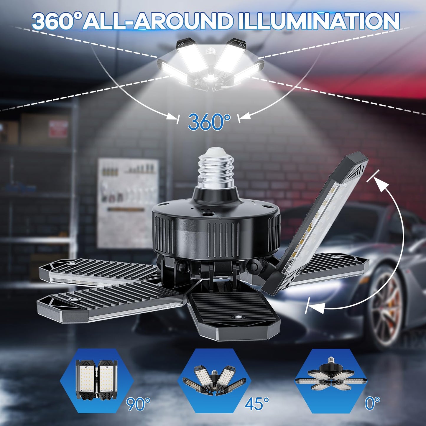 XINGHUANLIT 2-Pack 200W 20000LM Garage LED Lights, 6500K, 6+1 Deformable Panels, E26/E27 Socket, Ceiling Shop/Workshop/Barn Lighting