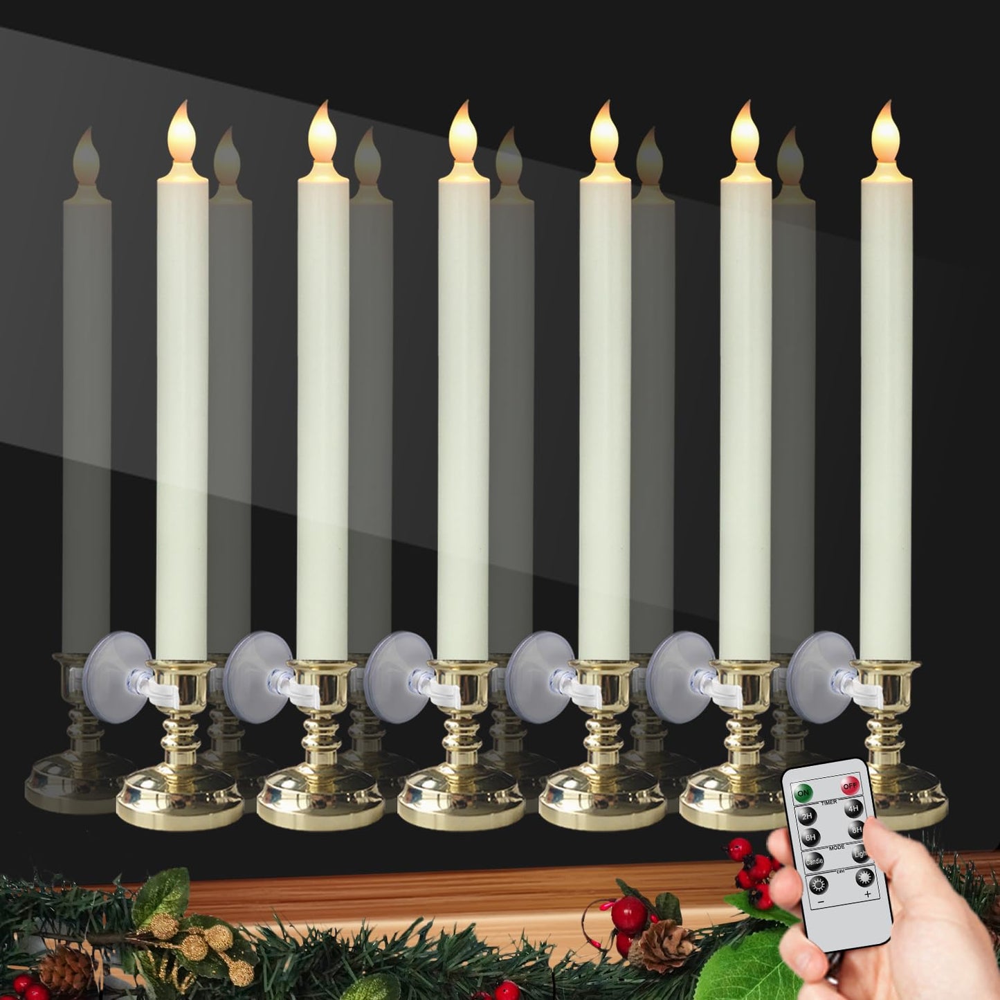 DRomance Flameless LED Window Candles with Remote & Timer, Battery-Operated Tapers with Suction Cups, Set of 6, Gold Holders