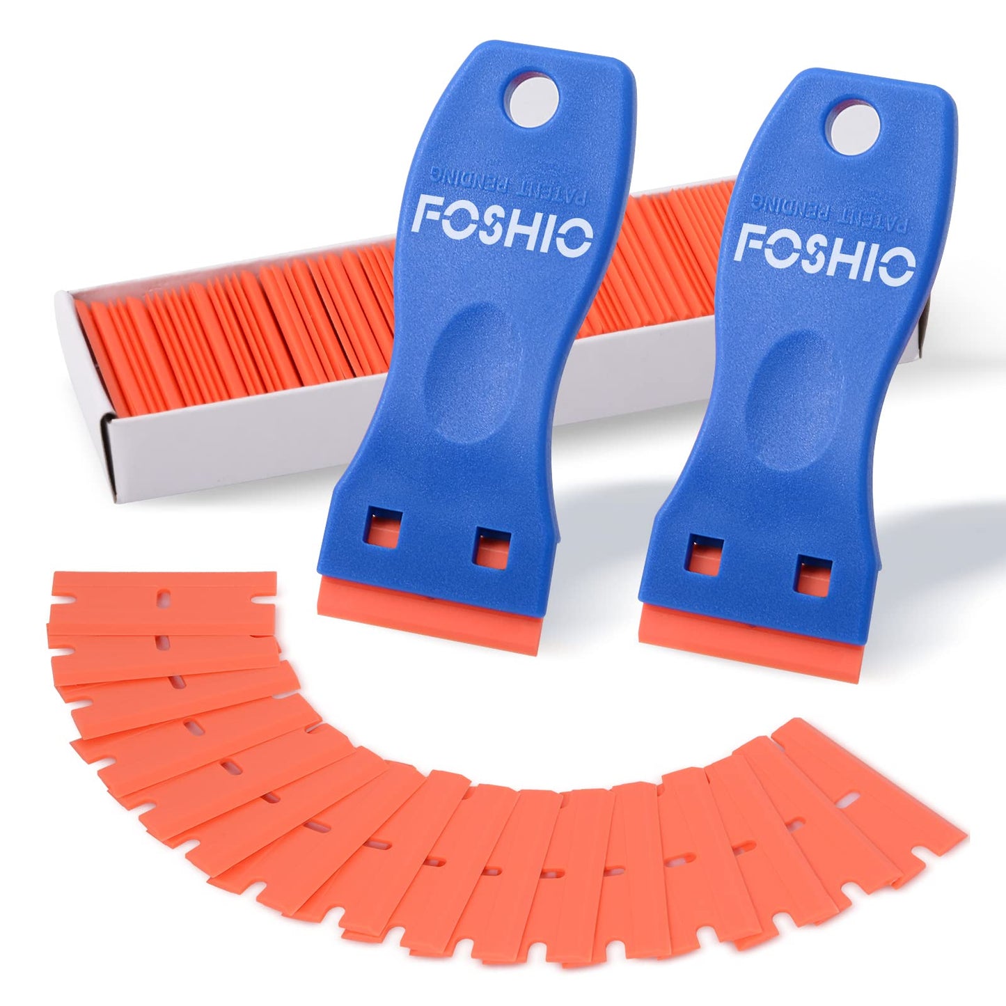 FOSHIO Plastic Razor Blade Scraper Kit, 2 Tools + 100 Blades for Gasket, Label, Decal & Adhesive Removal on Glass and Windows