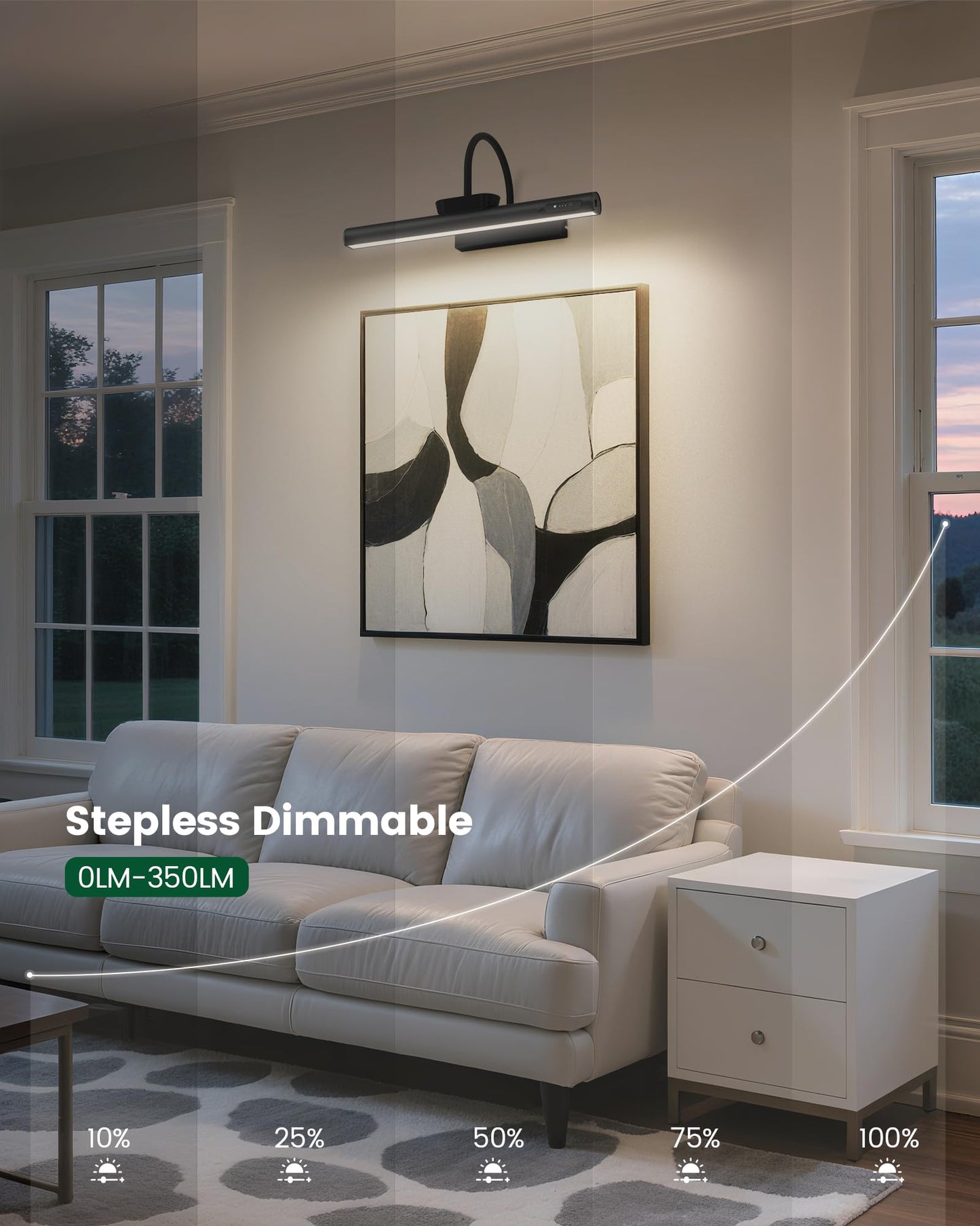 **Bridika Battery Operated Picture Light, 13.8” Rechargeable Art Light, 3 Color Modes & Dimmable Brightness for Paintings, Gallery, Bedroom, Black**