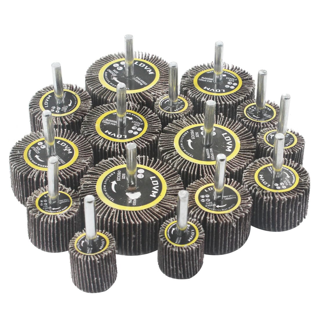 Fixtronic 15 Pcs Flap Wheels Sander, 1/4'' Shank Abrasive Flap Wheel Sanding Kits for Drill, Grinder, Rotary Tools (25/30/40/50/60mm)