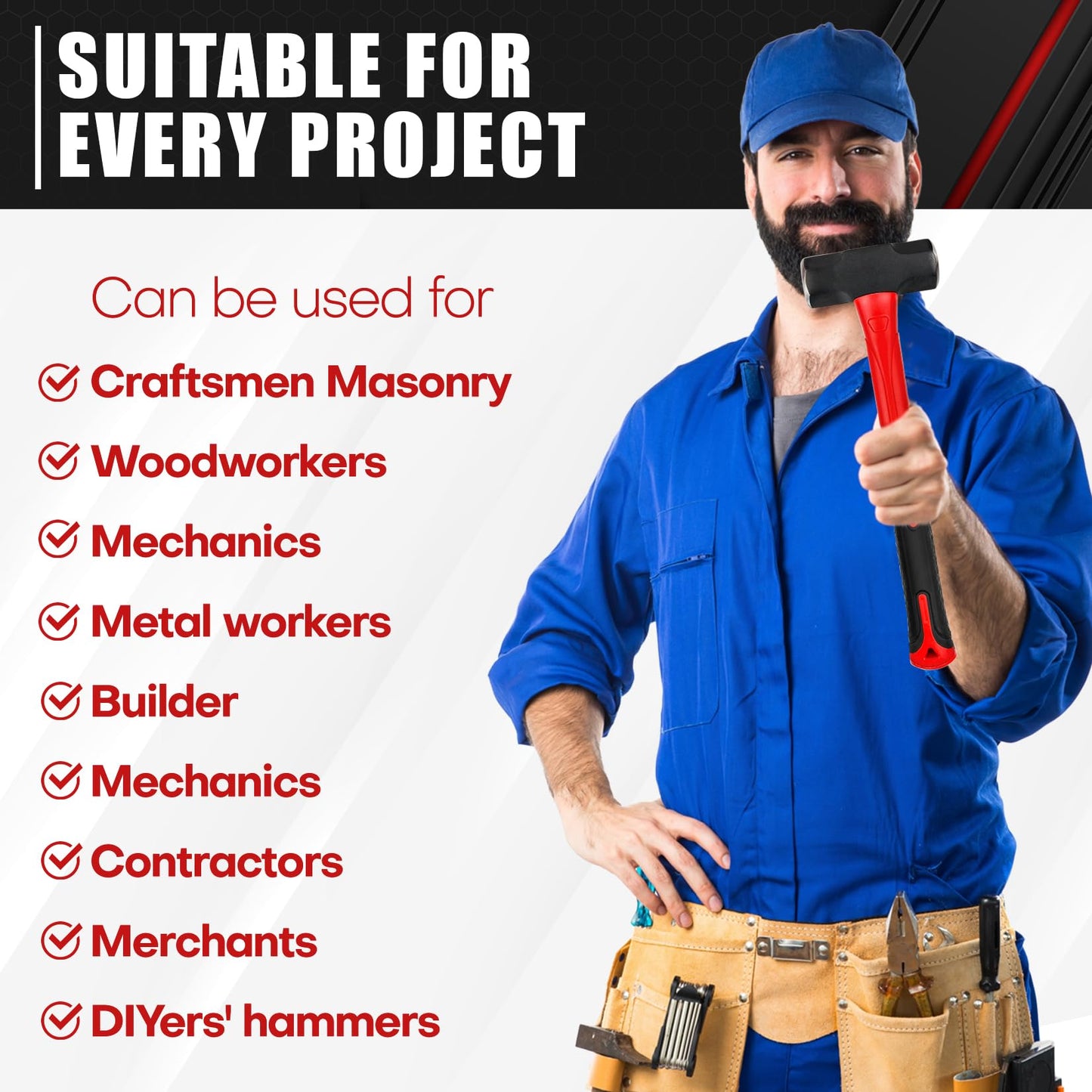 C&T 5-Piece Hammer & Mallet Set – 16oz & 32oz Ball Peen, 32oz Rubber Mallet, 3lb Sledge & Cross Peen, Fiberglass Handles