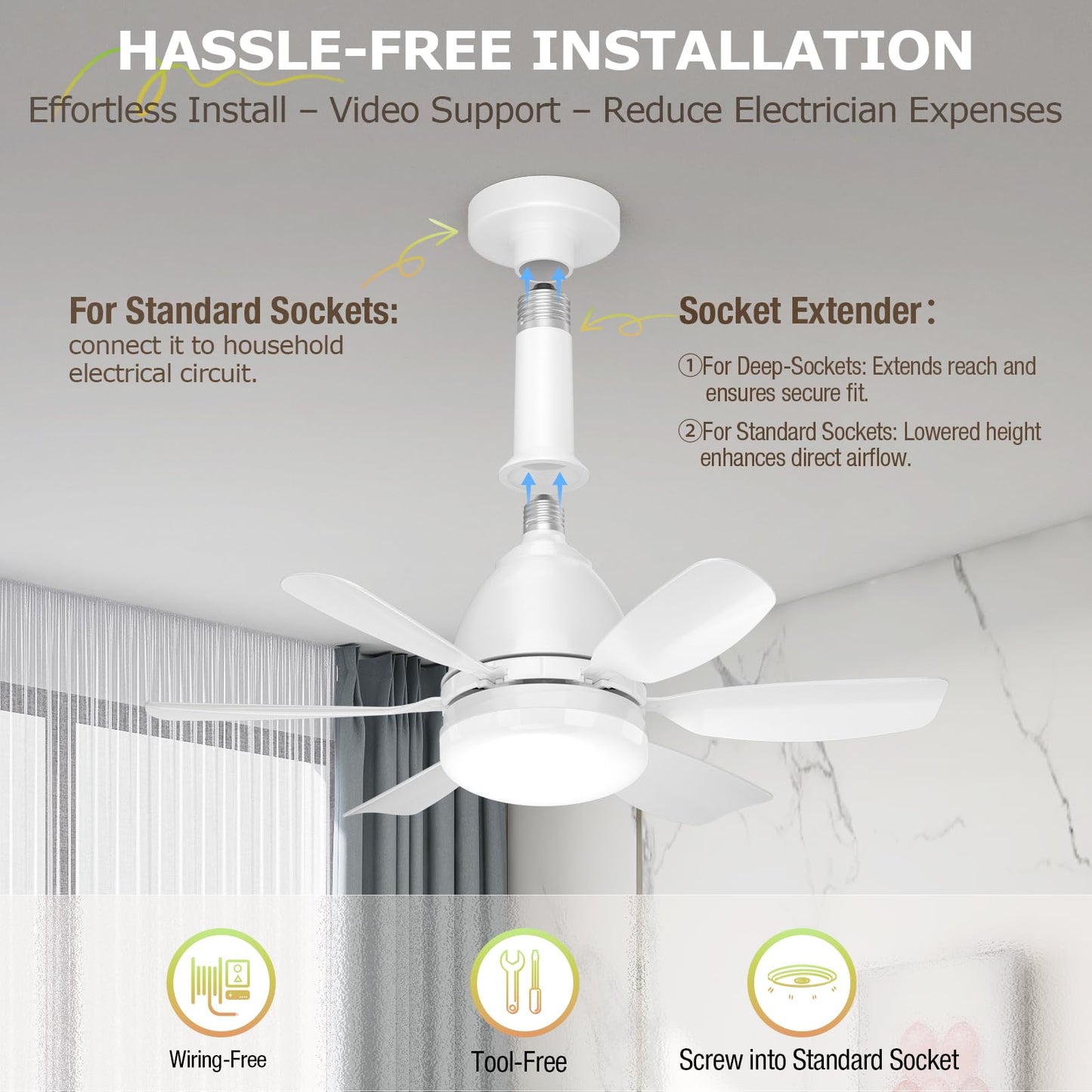 Ealken Ceiling Fan with Light & Remote, Dimmable LED 3 Colors 3000K-6500K, 1556 Lumens, Screw-In Fan for Bedroom, Kitchen, Living Room