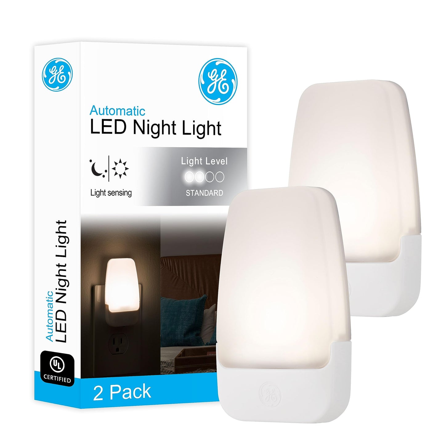 GE LED Night Light 2 Pack, Plug-In Dusk-to-Dawn Sensor, Warm White, Ambient Lighting for Bedroom, Bathroom, Nursery, Hallway, Kitchen