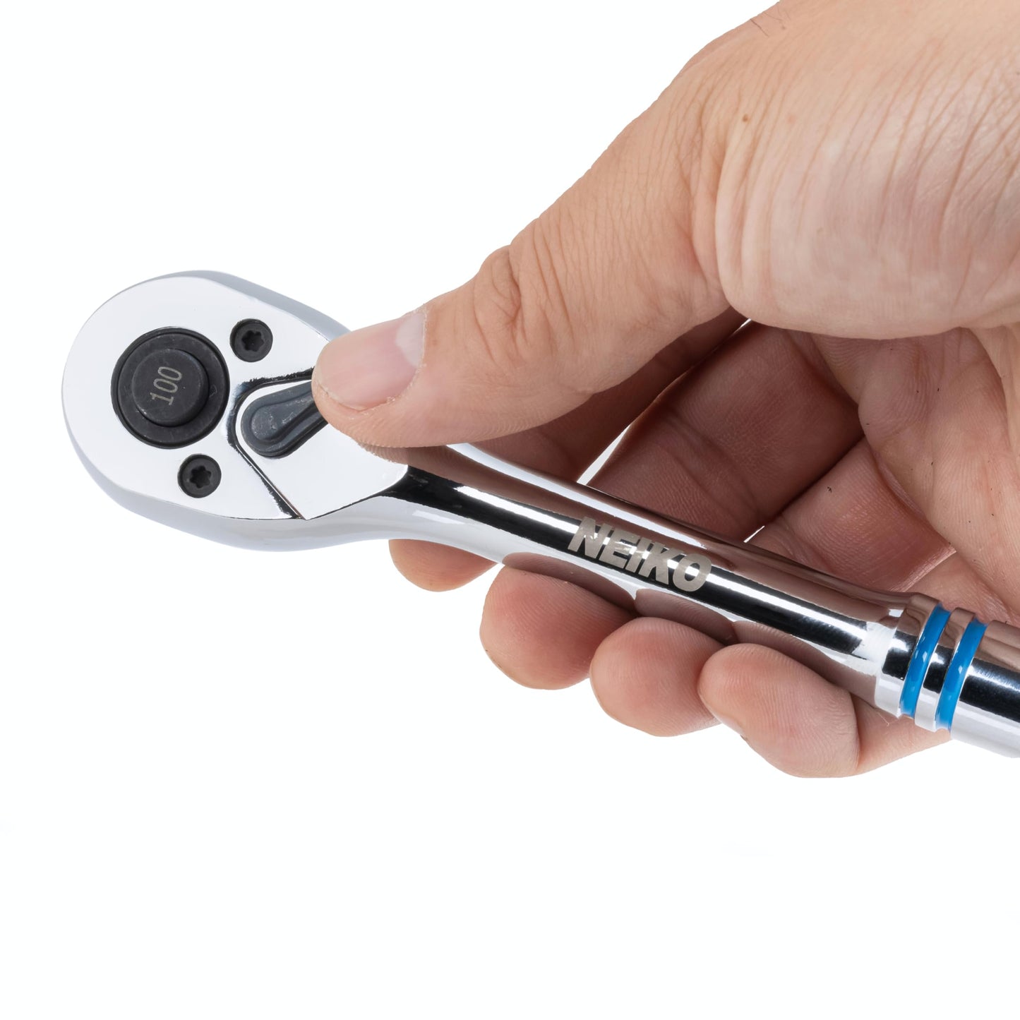 NEIKO 3/8 Inch Ratchet Wrench, 100-Tooth Reversible, 3.6 Degree Swing, Quick Release, 8" Long Handle, Silver Chrome Vanadium Steel