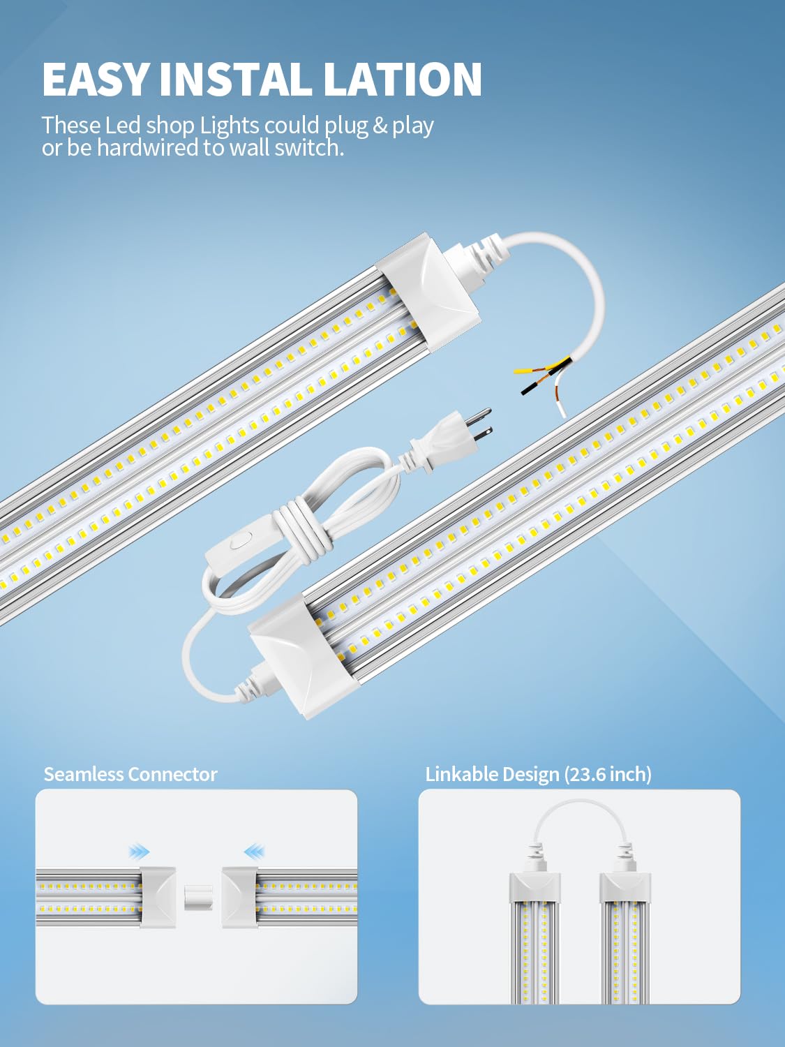 ELEKICO 8FT LED Shop Light, 100W 19500LM, Super Bright 5000K, Linkable Garage & Workshop Ceiling Light