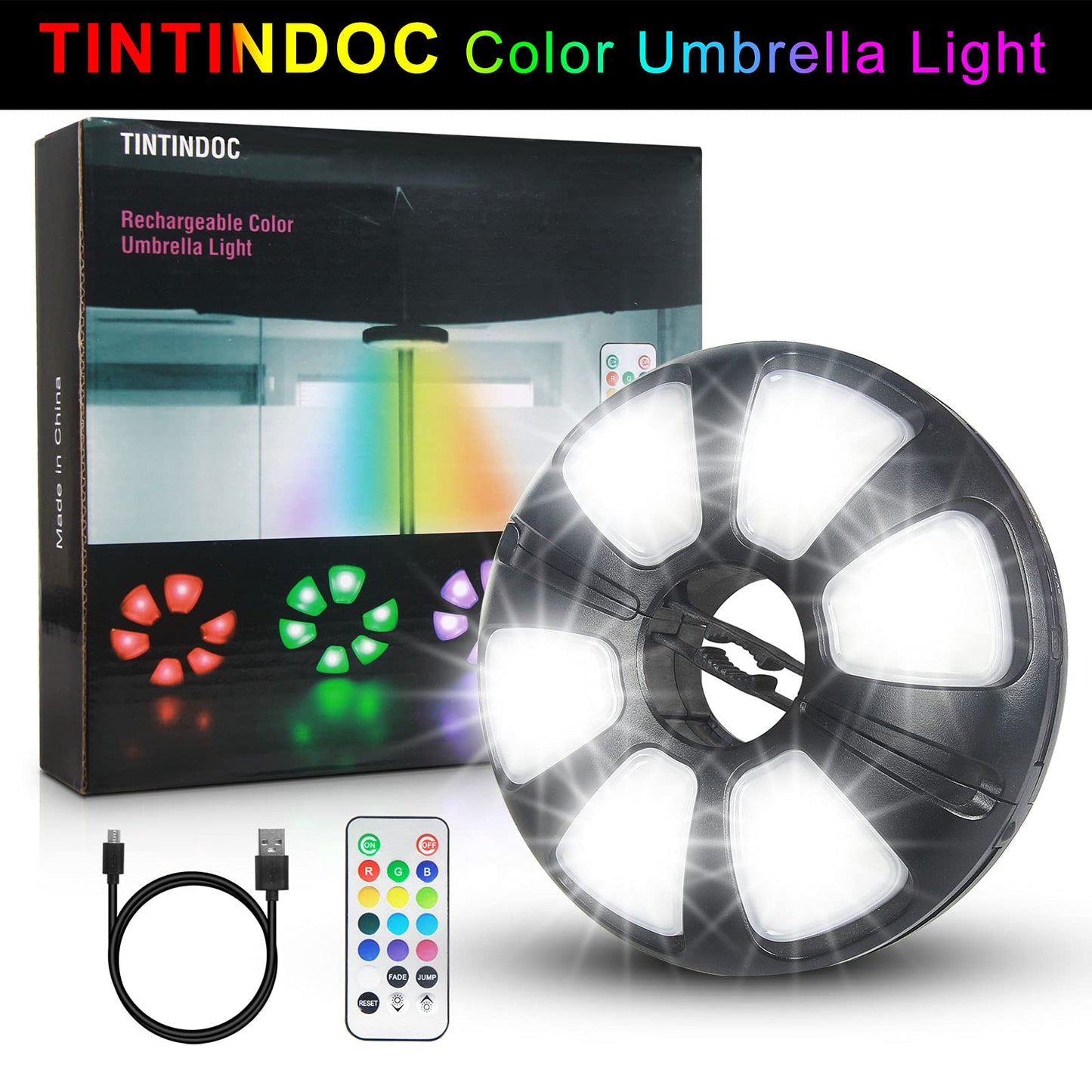 TINTINDOC Umbrella Light with Remote – Outdoor Patio Pole Light, Rechargeable/AA Battery, 300 Lumen, Stepless Dimming