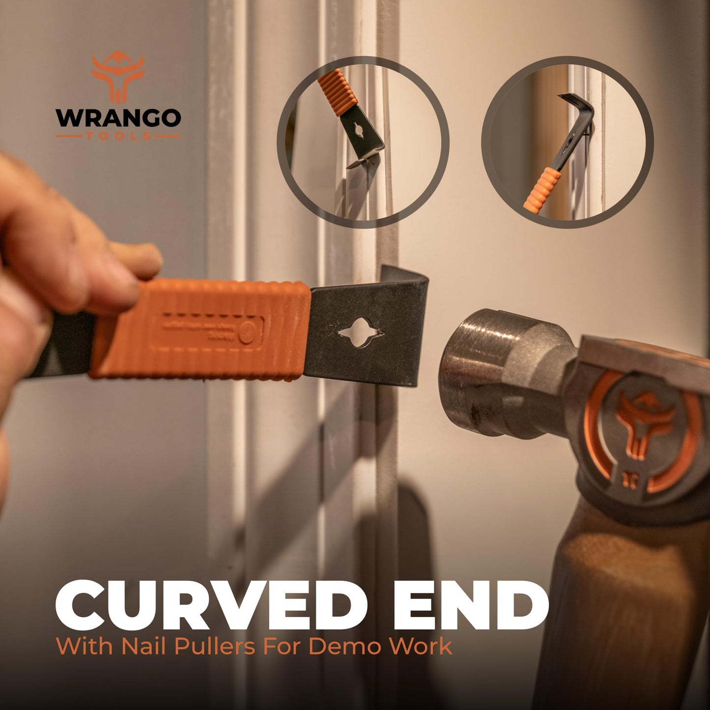 Wrango 9.5" Trim Bar Pry Bar 2-Pack – Small Patented Flat Bar with Nail Puller, Bolt Remover & Shock-Absorbing Grip for Home & Construction
