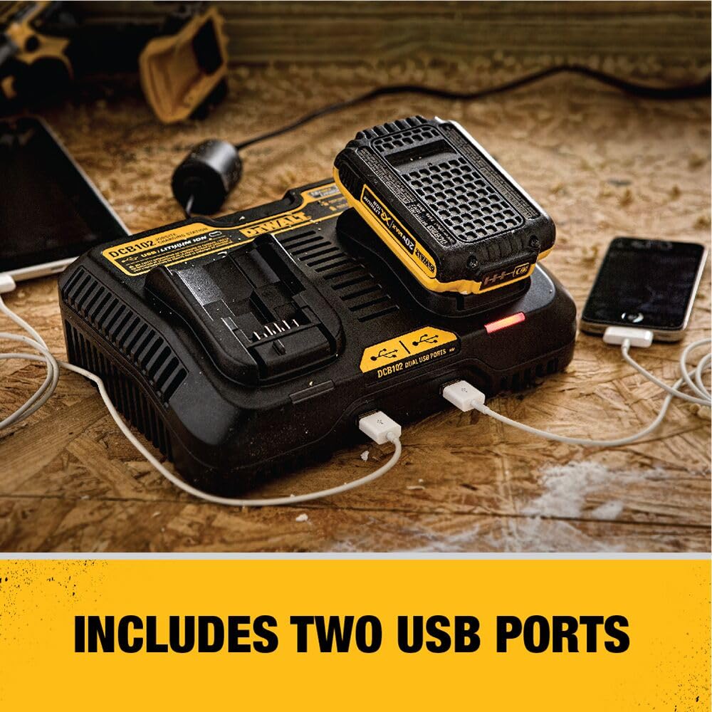 DEWALT 12/20V MAX Battery Charger, Corded, Dual Charging Station, 2-USB Ports Included (DCB102)