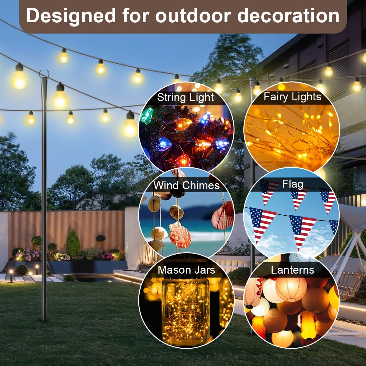 MuliVid 6-Pack 9FT Outdoor String Light Poles, Metal Hanging Light Stands with Forks for Patio, Garden, Backyard, Pergola, Party