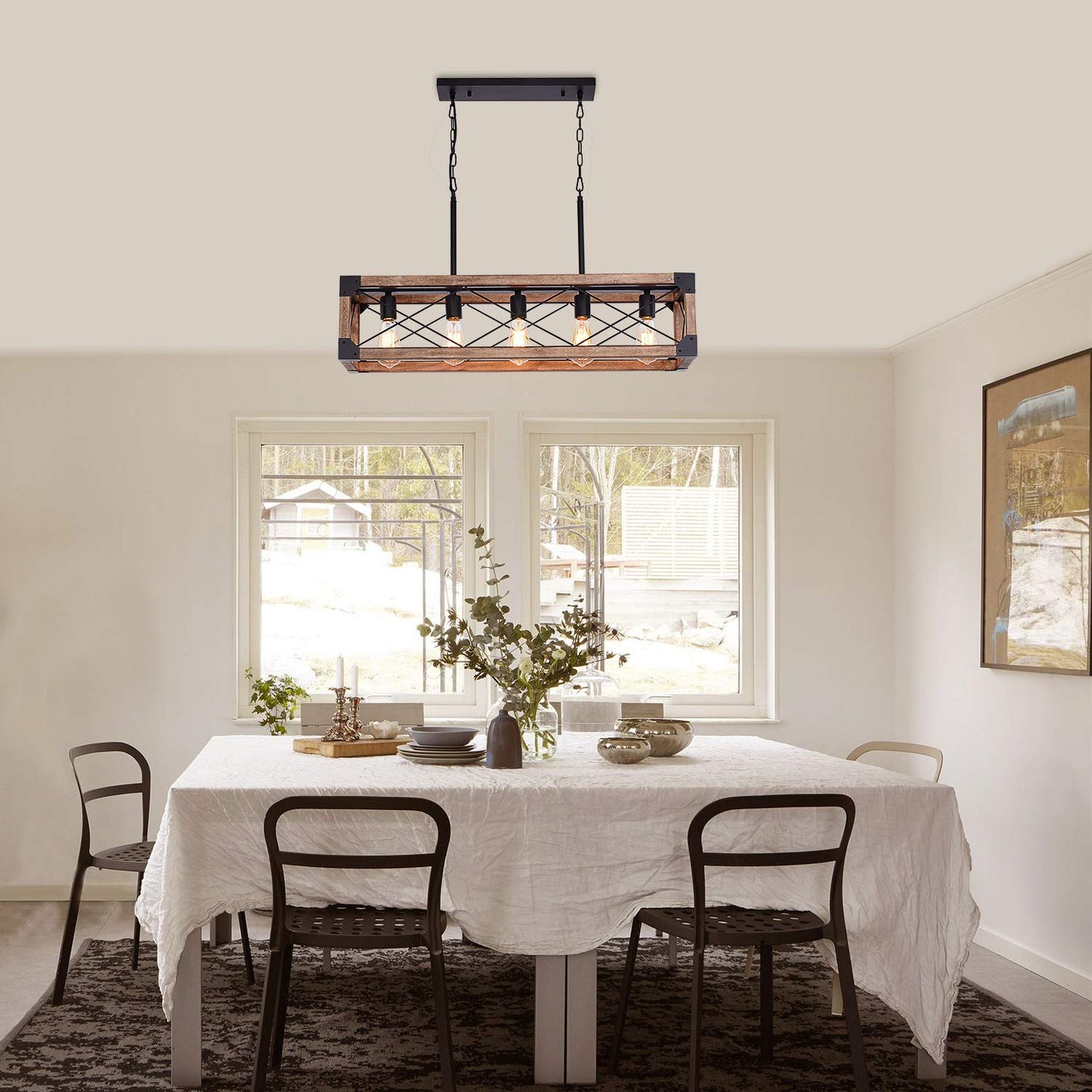 Airposta 33.5" 5-Light Farmhouse Kitchen Island Chandelier, Rustic Wood Grain Industrial Pendant Light for Dining & Pool Table