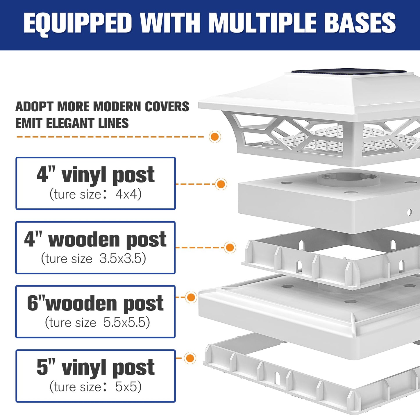 VOLISUN Solar Post Cap Lights: 6 - Pack Outdoor Deck Post Cap Lights White for Dock Fence Waterproof 2 Color Modes,4x4/6x6 Wooden/Vinyl Posts