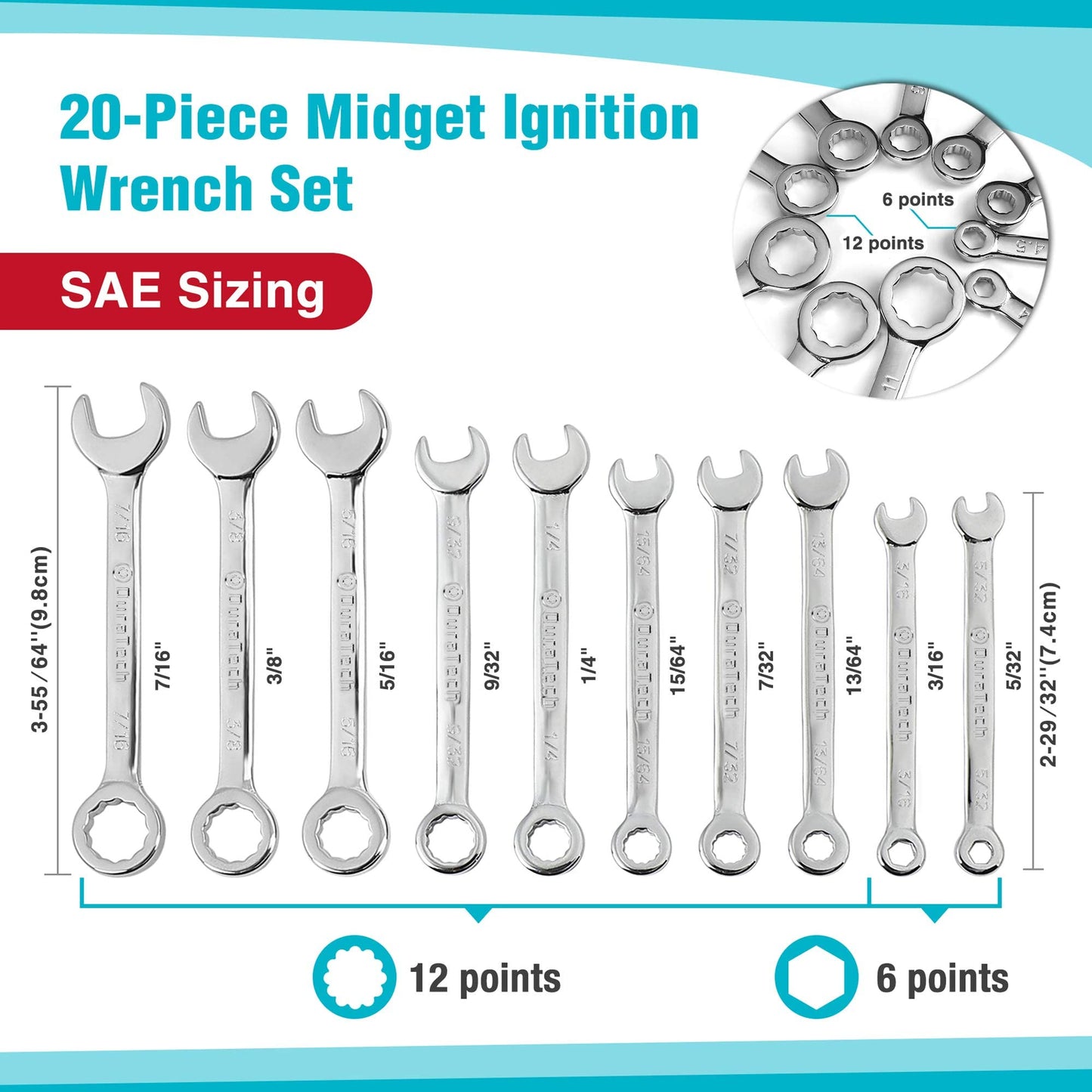 DURATECH Mini Wrench Set, Midget Combination Wrench Set, 20-Piece, Metric & SAE, 4-11mm & 5/32" - 7/16", Lightweight, with Rolling Pouch
