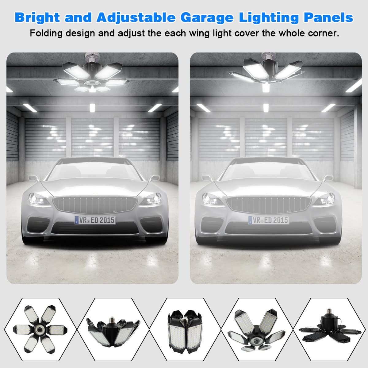 POLARPRA 2-Pack 32000LM LED Garage Ceiling Lights, 6500K, 6 Deformable Panels, E26/E27, Super Bright for Workshop & Storage