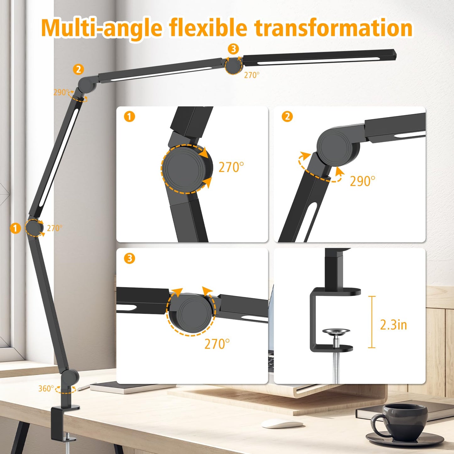 LED Desk Lamp with Clamp, Adjustable Swing Arm, Dimmable Eye-Care Task Light, Flexible Tall Modern Desk Lamp for Home Office, Nail Tech & Architect