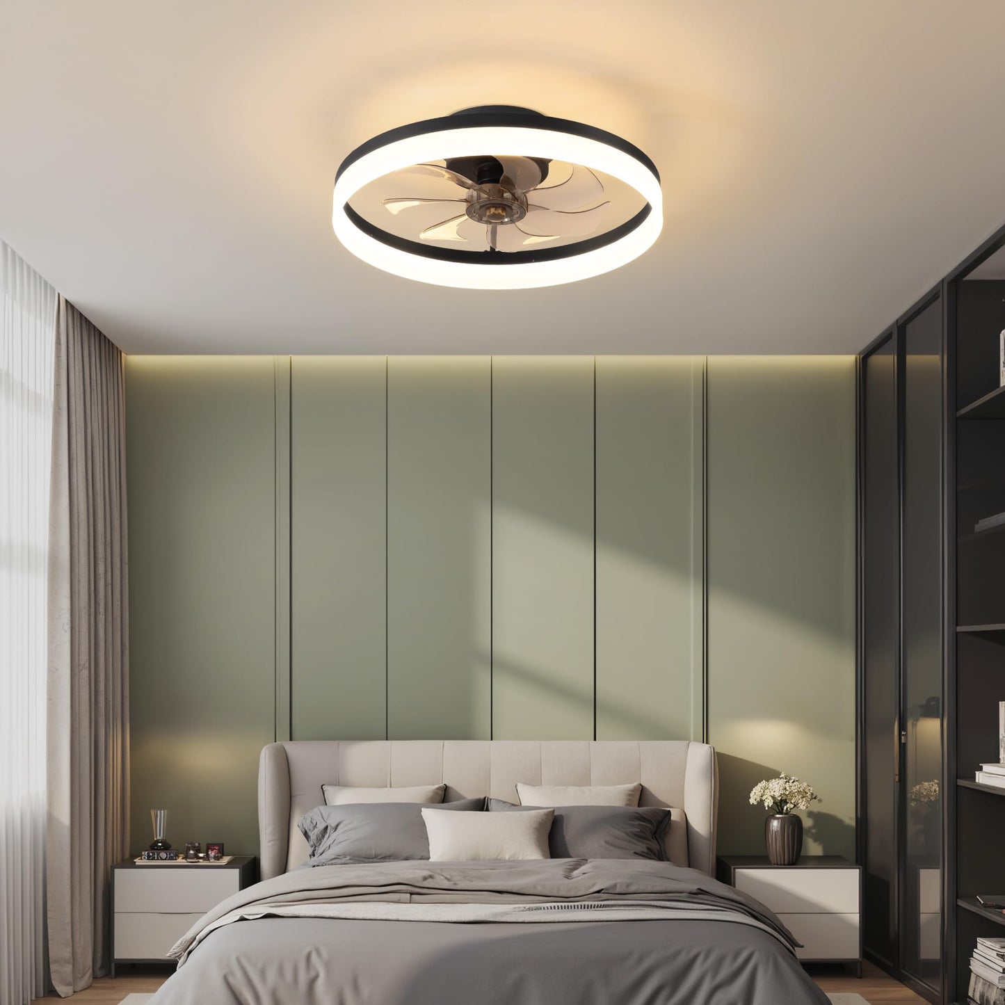 PUSU 15.8" LED Ceiling Fan with Light, Reversible Flush Mount, Remote, 6 Speeds, 3 Dimmable Colors for Bedroom, Kitchen, Garage