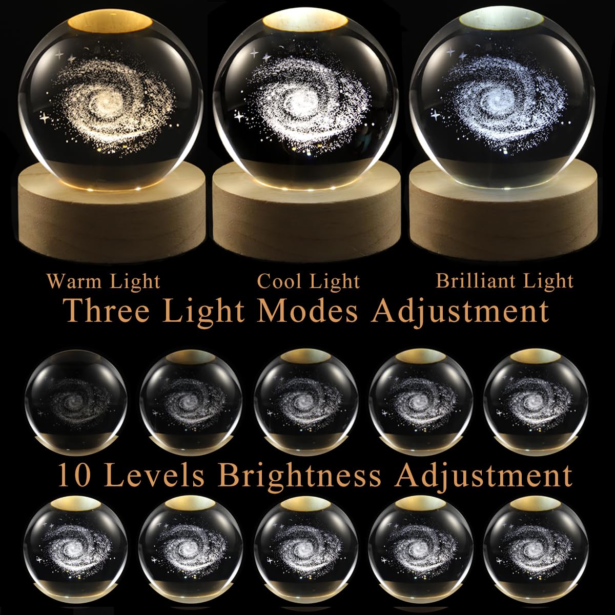 YANFEYHA 3D Galaxy Crystal Ball Lamp, Dimmable LED Night Light with Wooden Base, Desk & Bedroom Decor, Kids Teens Adults Gift, 2.4”