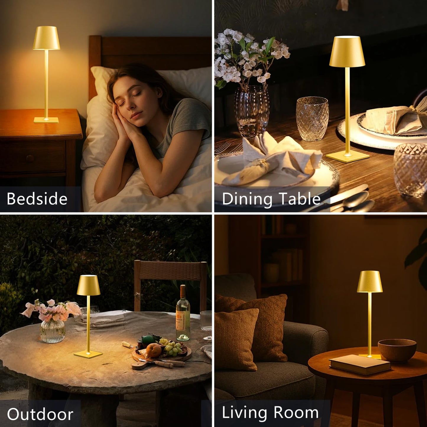 Yogaret 2-Pack Gold Rechargeable Table Lamps, Cordless Wireless Lamps with 6000mAh Battery, Portable Waterproof for Home, Dining, Restaurant & Patio