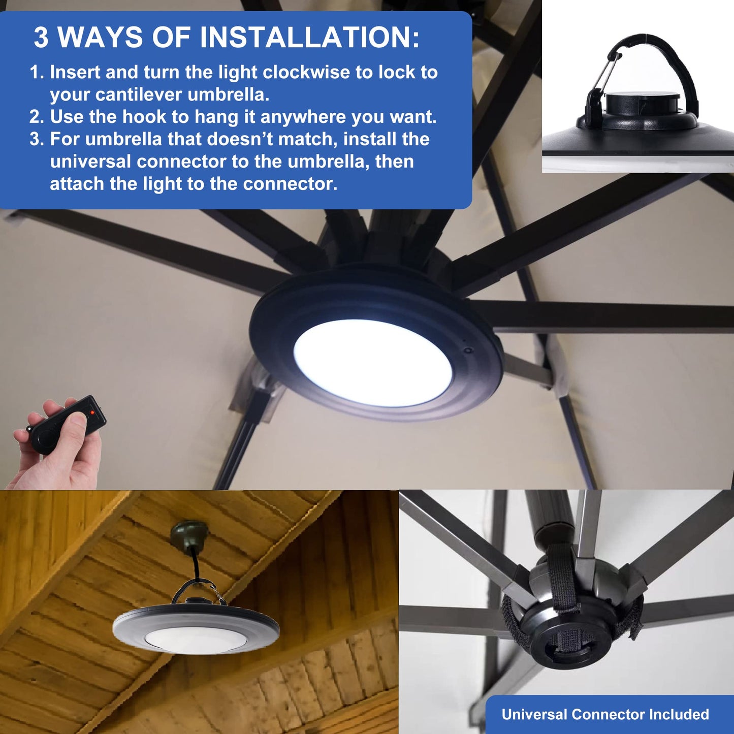 happetite Solar Powered LED Patio Umbrella Light, Black, 6000K Cool White, ABS Material, 1 Year Warranty