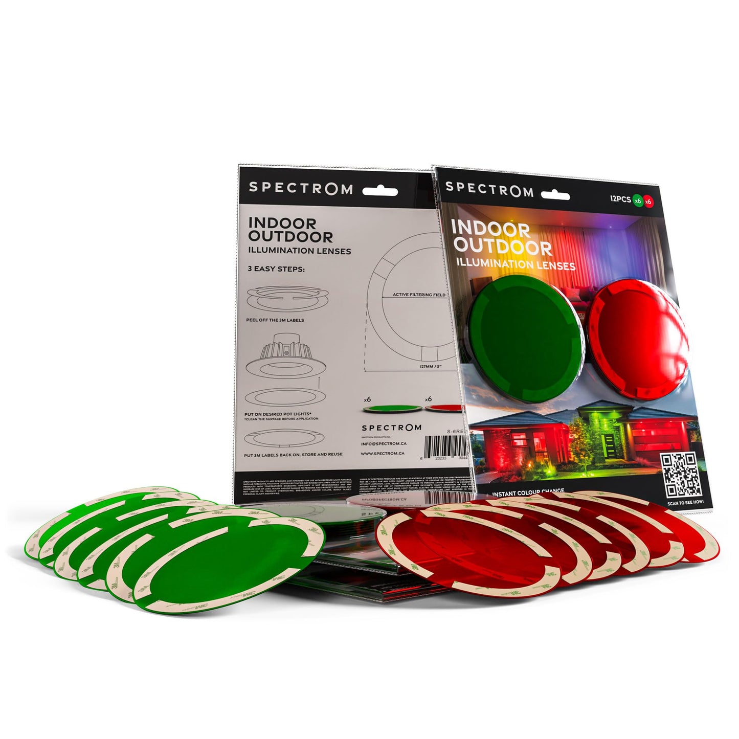 Spectrom Color-Changing Lenses for Recessed & Pot Lights, Tool-Free, Reusable, Easy Peel & Press, Red & Green 12-Pack
