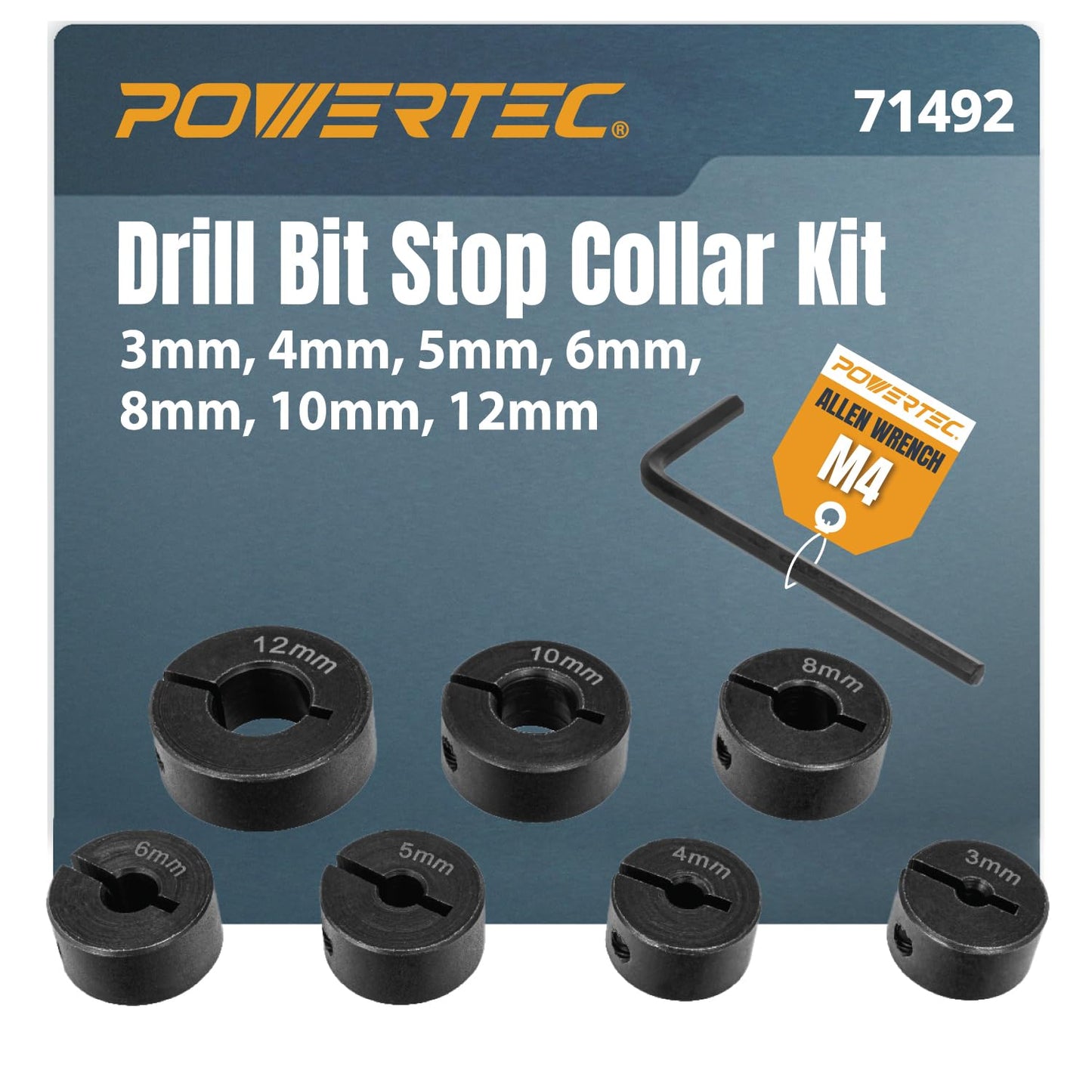POWERTEC 7-Piece Drill Bit Stop Collar Kit, Metric Sizes 3-12mm, Adjustable Depth with M4 Allen Wrench (71492)