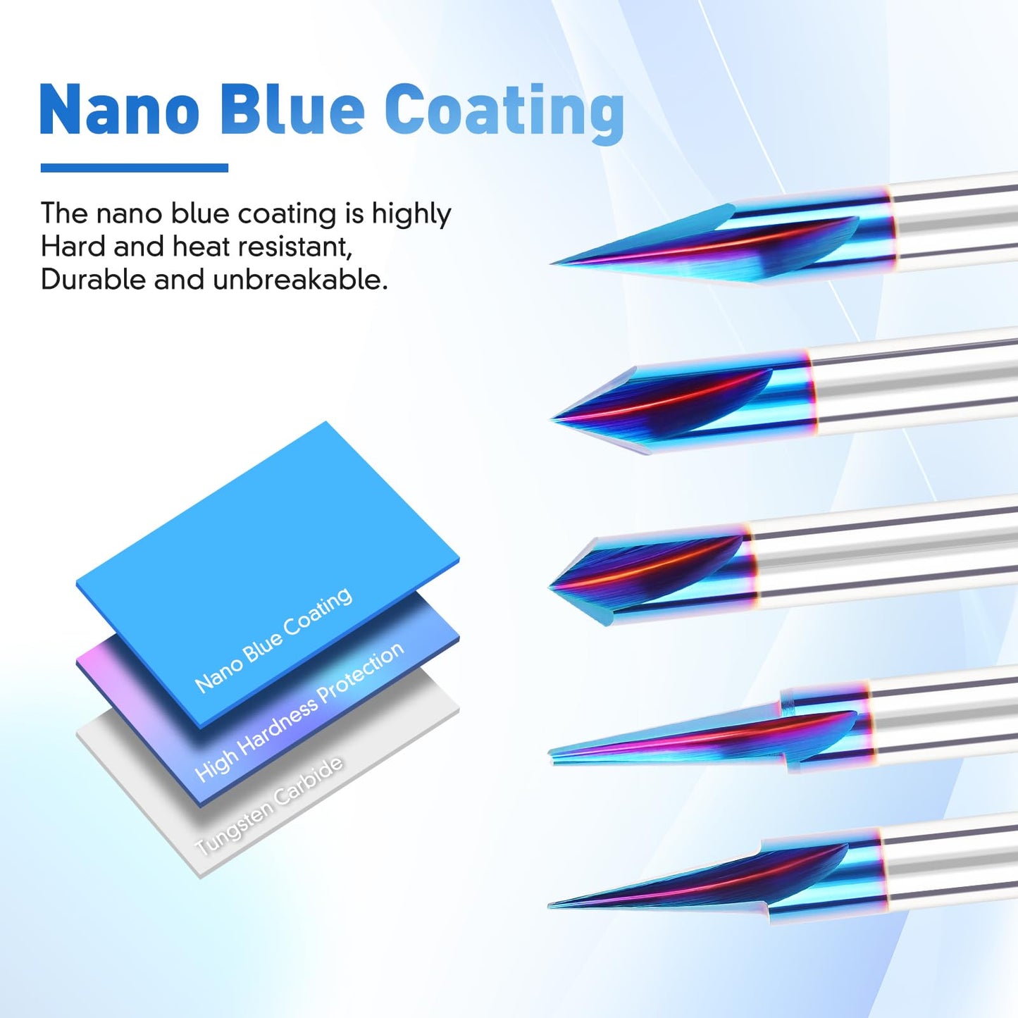 CNC Wood Carving Router Bit - 1/4 Shank, 15/20/30/60/90 Engraving Bits, 2 Flute Straight & V-bit, Blue Nano-Coating Conical Tool