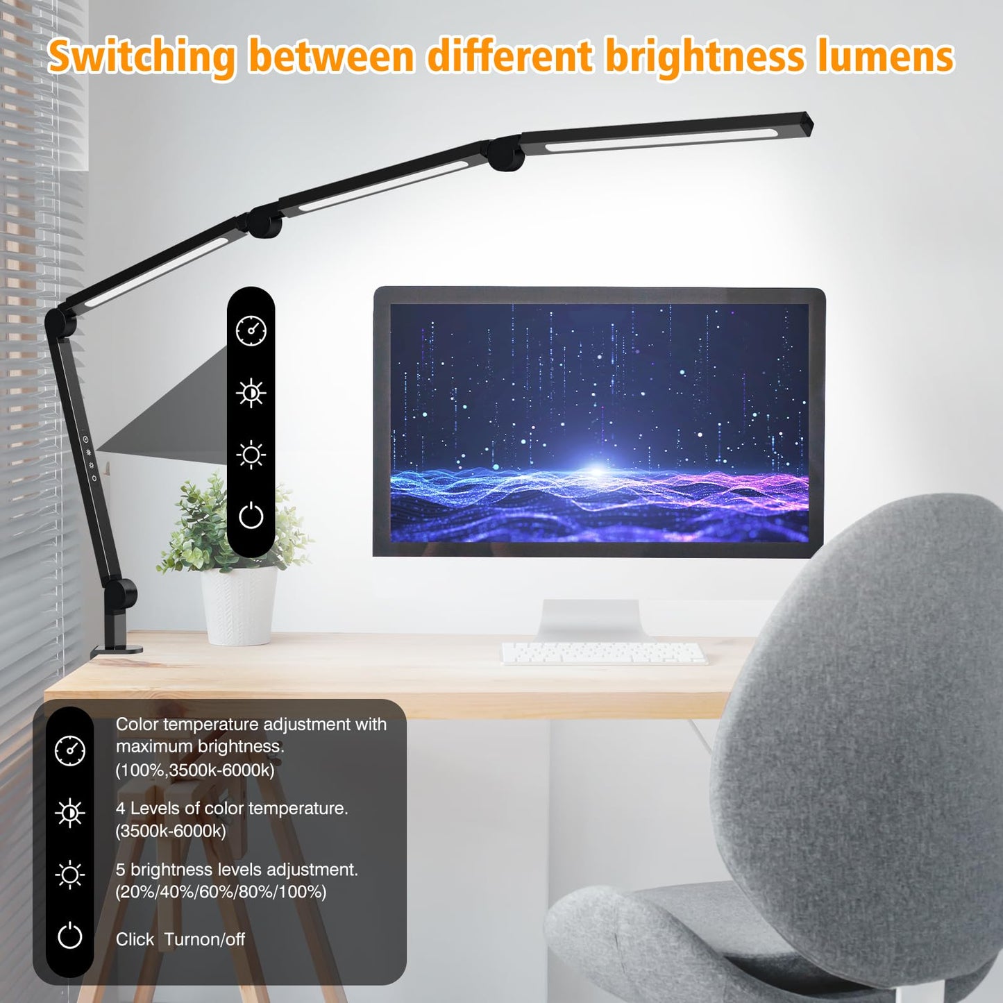 LED Desk Lamp with Clamp, Adjustable Swing Arm, Dimmable Eye-Care Task Light, Flexible Tall Modern Desk Lamp for Home Office, Nail Tech & Architect