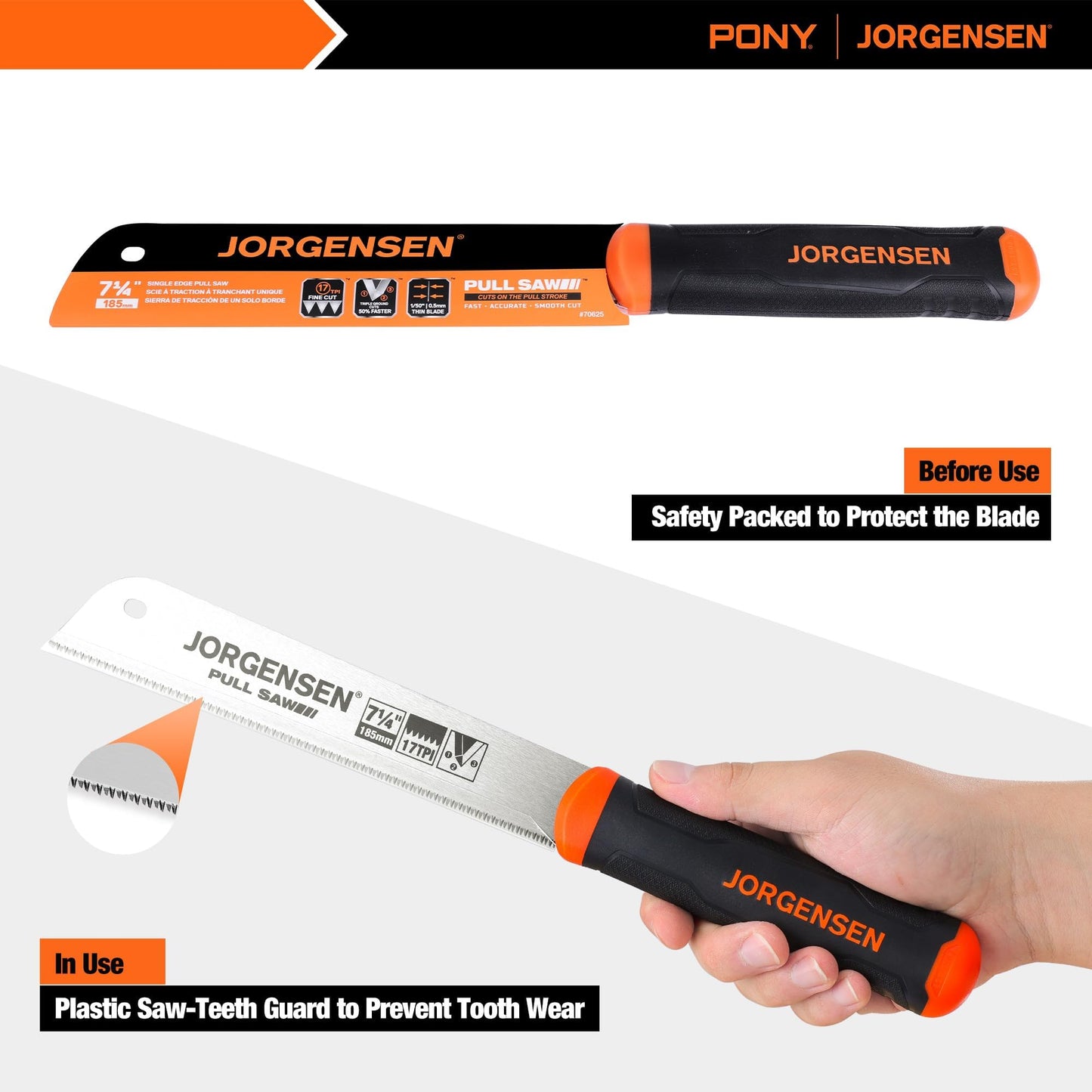JORGENSEN Japanese Pull Saw 7.25" 17-TPI SK5 Flexible Blade, Flush Cut Hand Saw with Soft Grip for Precise Woodworking