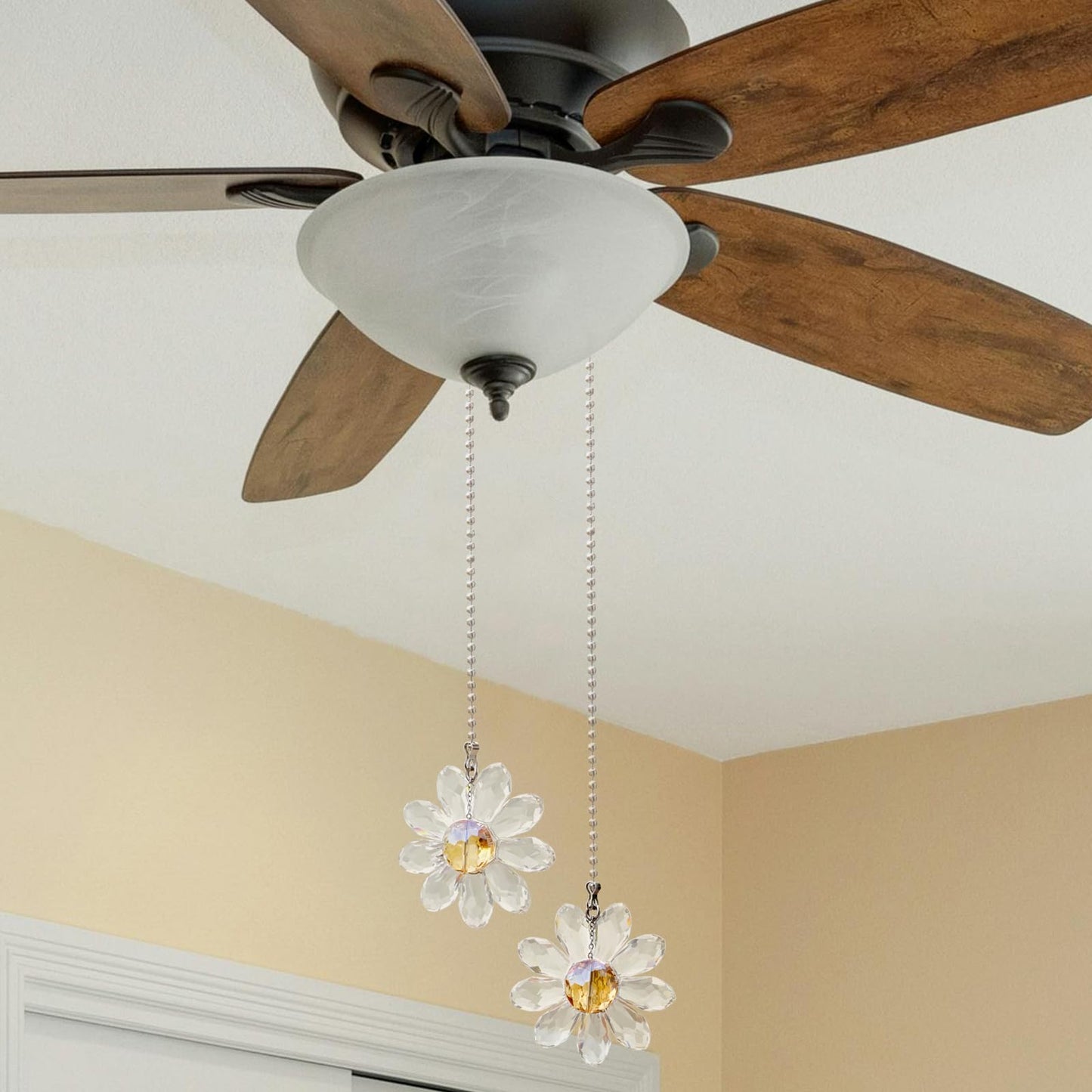 LEFERS Ceiling Fan Pull Chain, 2 Pieces 1.8" Crystal Glass Flower Pendants with 24" Ceiling Fan Chain Extender and Connector (Clear)