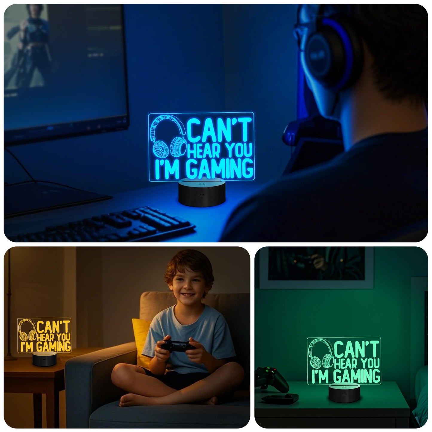 YuanDian “Can’t Hear You I’m Gaming” Night Light, Gamer 3D Illusion Lamp with Headset Design, 16 Color LED, Touch & Remote Control Gift for Men, Teens & Kids