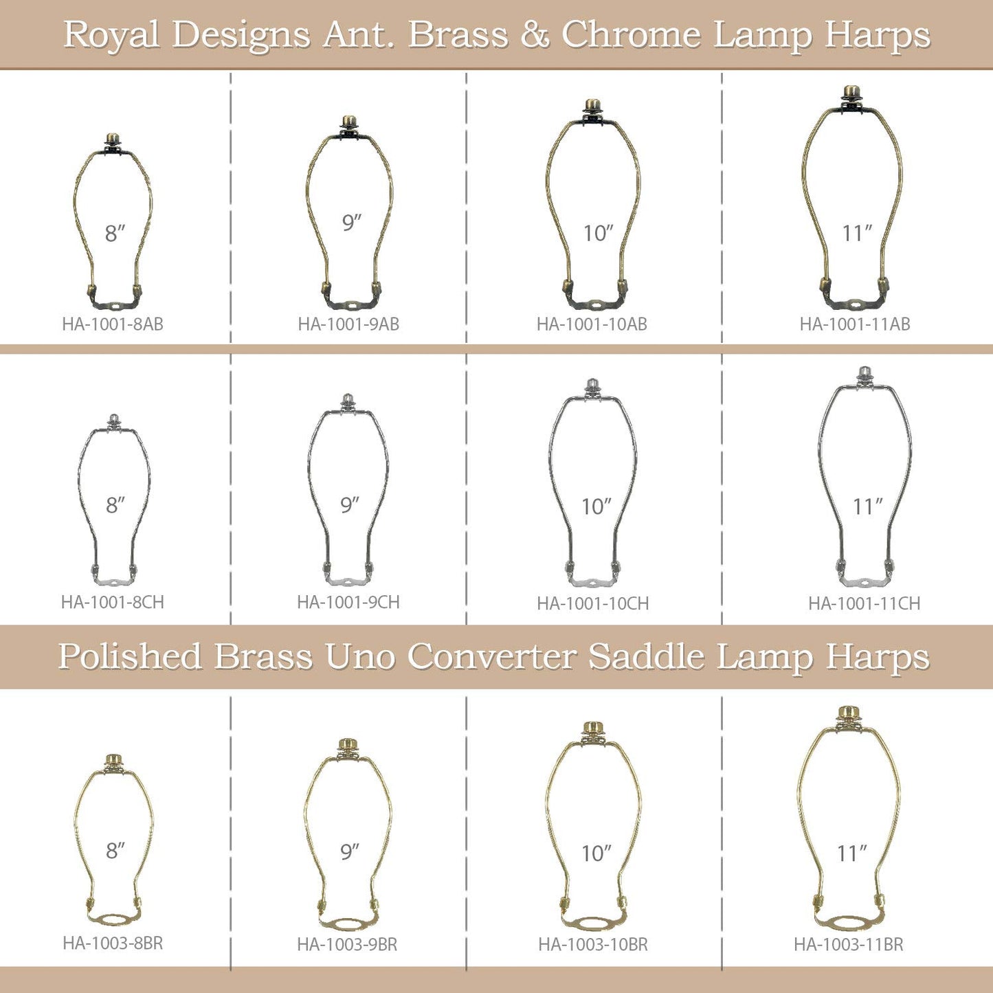 Royal Designs, Inc. HA-1001-11BR-1 Heavy Duty Harp for Lamp Shade Holder, 11 inch, Polished Brass Base