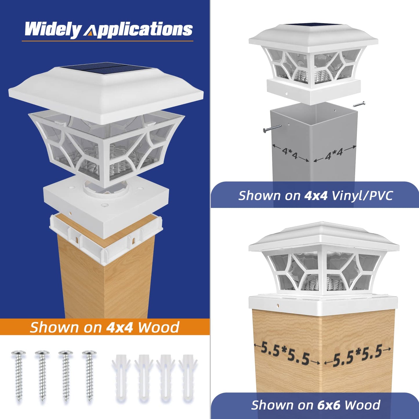 APONUO 8-Pack Solar Post Cap Lights for 4x4, 5x5, 6x6 Fences – Larger, Long-Lasting 1000mAh Battery, 2 Modes, IP64 Waterproof (White)
