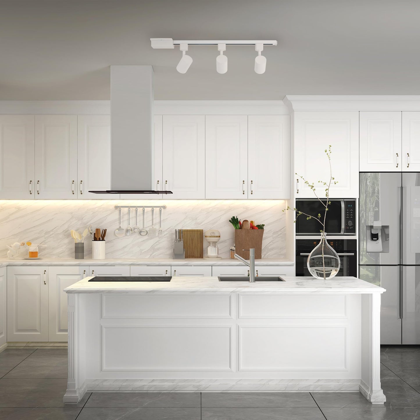 East Grove Amped 3-Light 48in LED Track Lighting Kit, 3000K Warm White, Field Cuttable, 4ft Track with Heads & End Caps, White