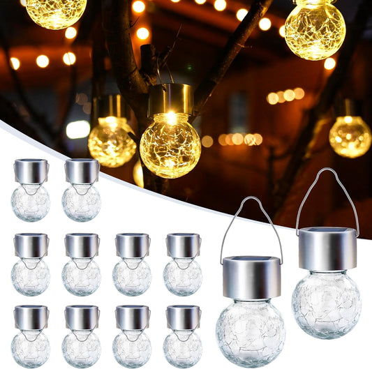 GIGALUMI 12-Pack Solar Hanging Lights – Waterproof Outdoor Lanterns with Cracked Glass, Warm White, Perfect Garden, Yard & Gift Decor