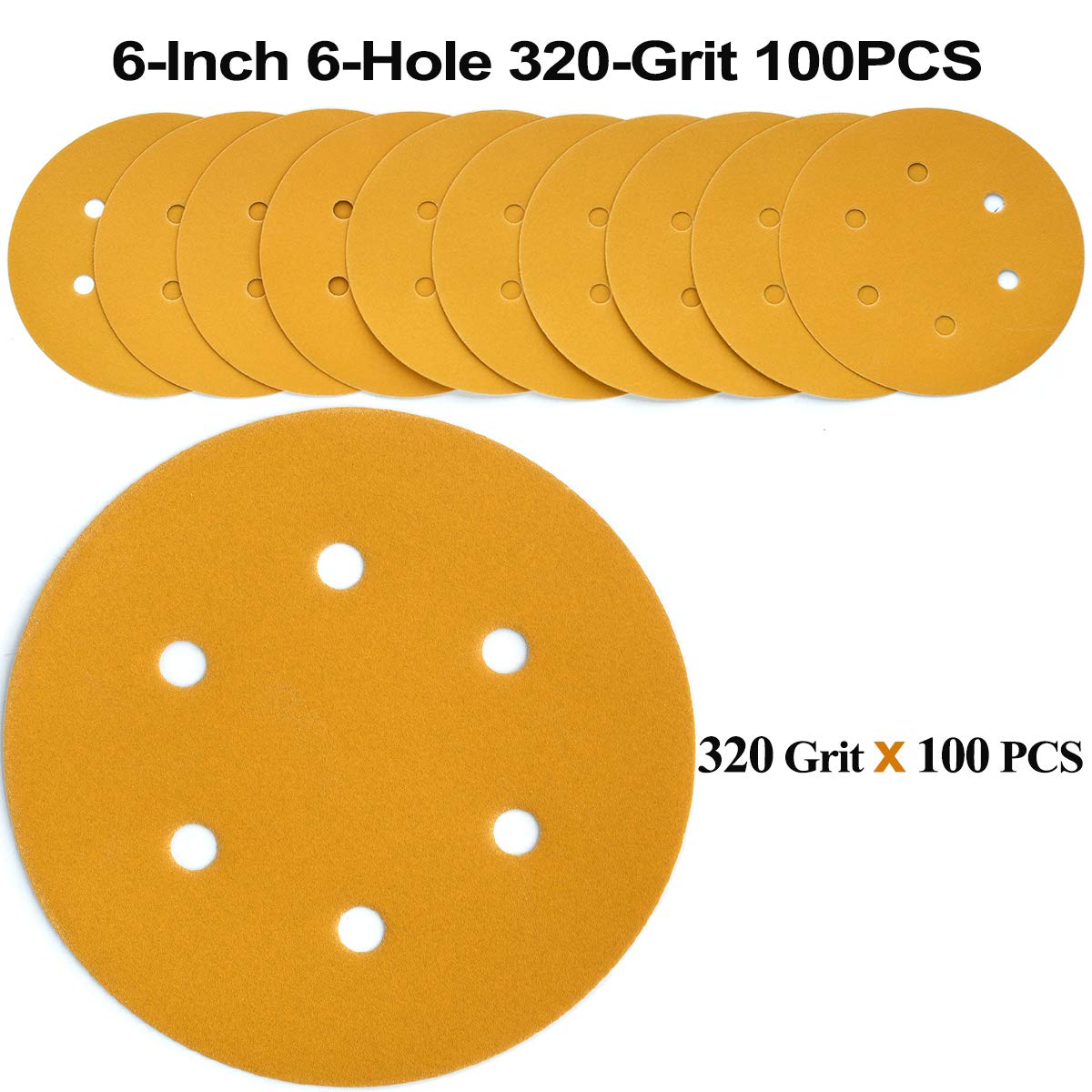 Aiyard 6-Inch 6-Hole Hook and Loop Sanding Discs 320-Grit, Random Orbital Sandpaper for Automotive and Woodworking, 100-Pack