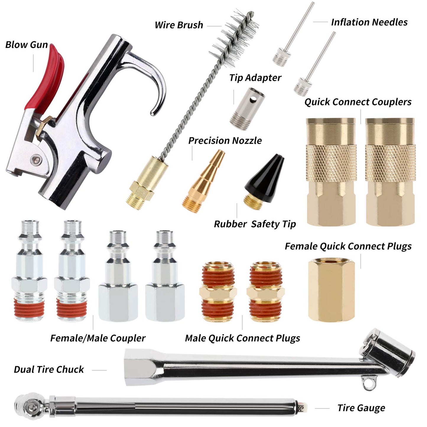 Hromee 19-Piece Air Compressor Accessory Kit with 25FT 3/8" Hybrid Hose, 1/4" NPT Quick Connects, Air Blow Gun, Tire Gauge & Brush