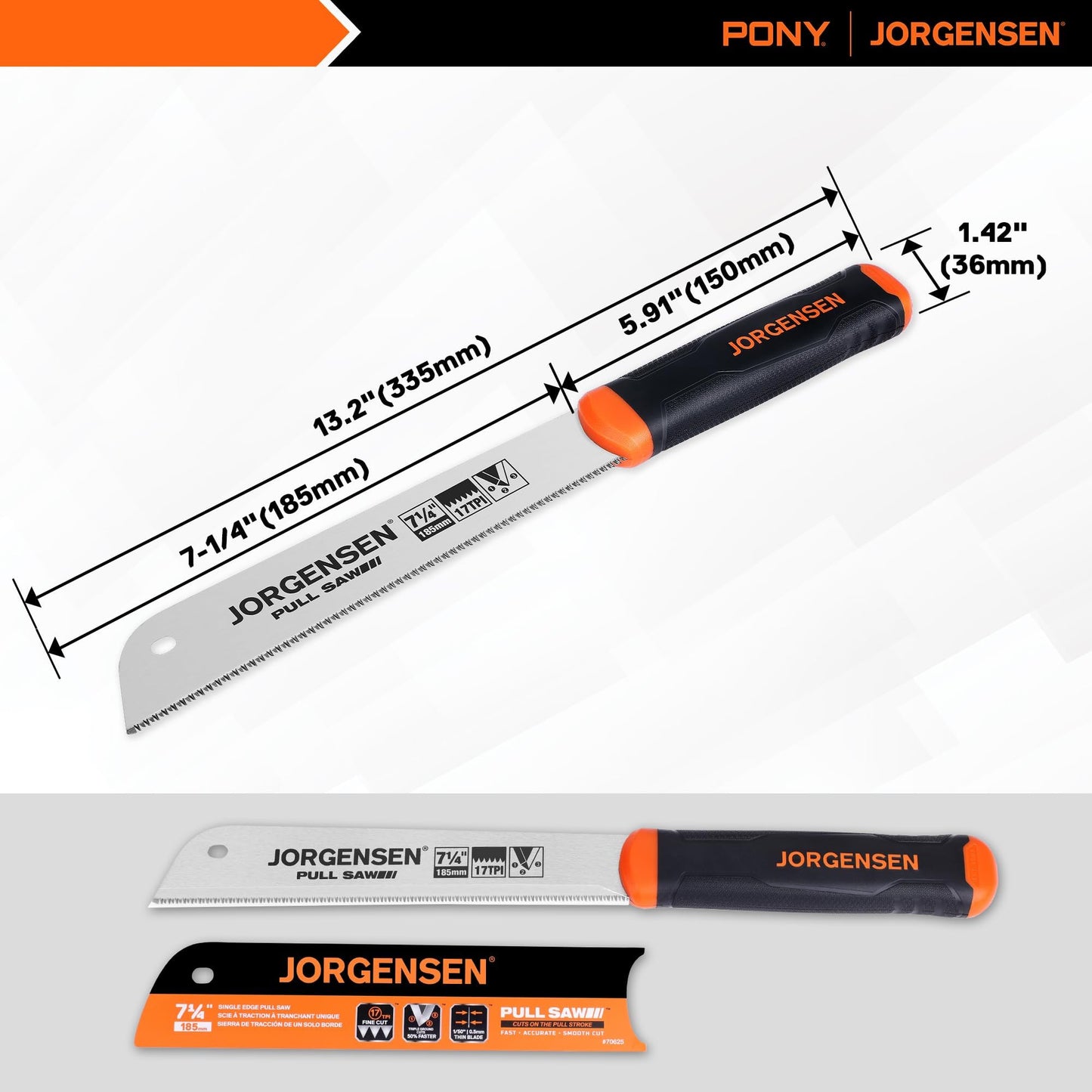 JORGENSEN Japanese Pull Saw 7.25" 17-TPI SK5 Flexible Blade, Flush Cut Hand Saw with Soft Grip for Precise Woodworking