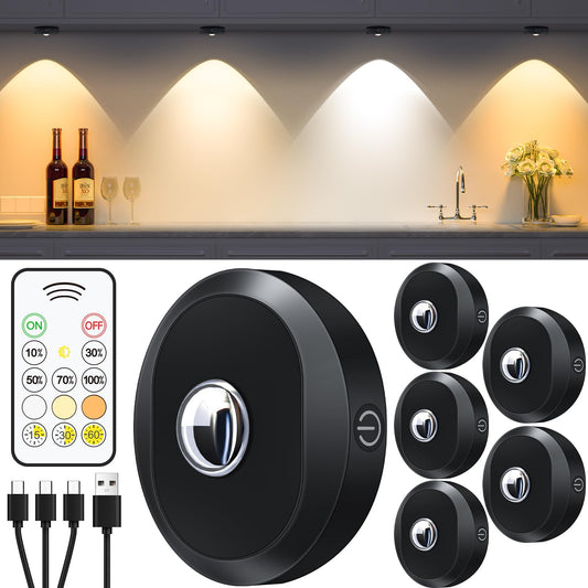WILLED LED Puck Lights 6-Pack – Remote & Tap Control, Rechargeable 1200mAh, Dimmable Under Cabinet, Wireless Stick-On Closet Lights