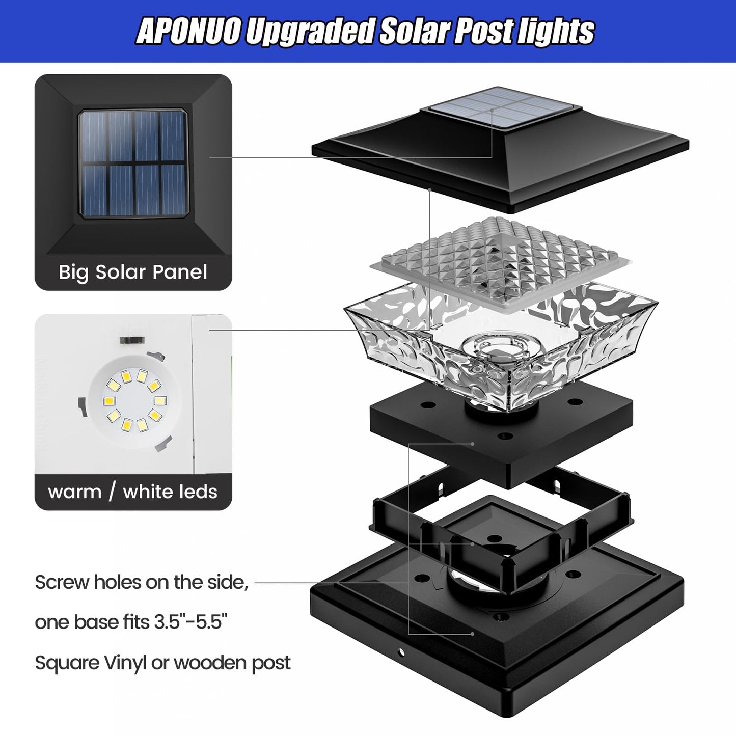 APONUO 6-Pack Solar Post Cap Lights for 4x4-6x6 Wood & Vinyl Fences, IP65 Waterproof, Auto On/Off, Warm & Cool White, Outdoor Black