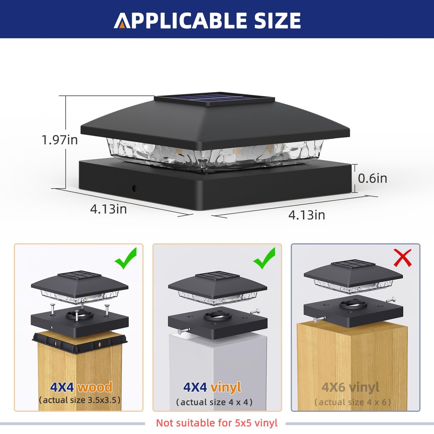 APONUO 4x4 Solar Post Cap Lights, 16 Pack Black – IP64 Waterproof Warm White LED, No-Wire Fence & Deck Lights for Patio & Garden