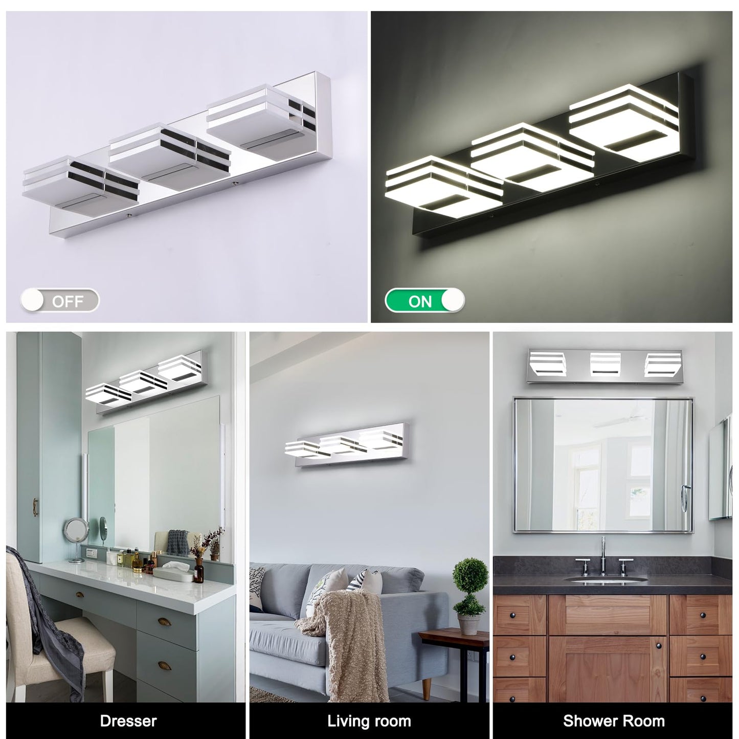 LED Vanity Light 20" for Bathroom, 3-Light Chrome Fixture, 18W Modern Mirror Lamp, 6000K Bright Wall Sconce