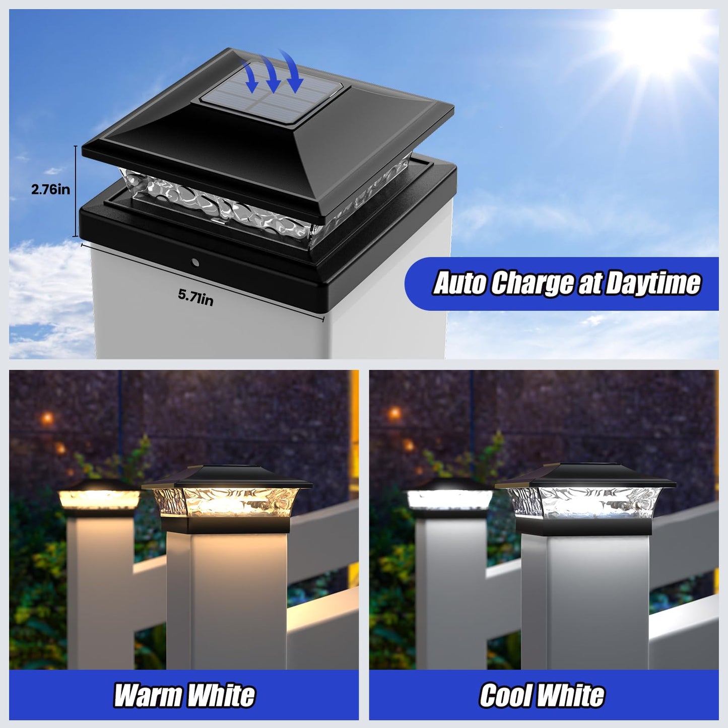 APONUO 6-Pack Solar Post Cap Lights for 4x4-6x6 Wood & Vinyl Fences, IP65 Waterproof, Auto On/Off, Warm & Cool White, Outdoor Black