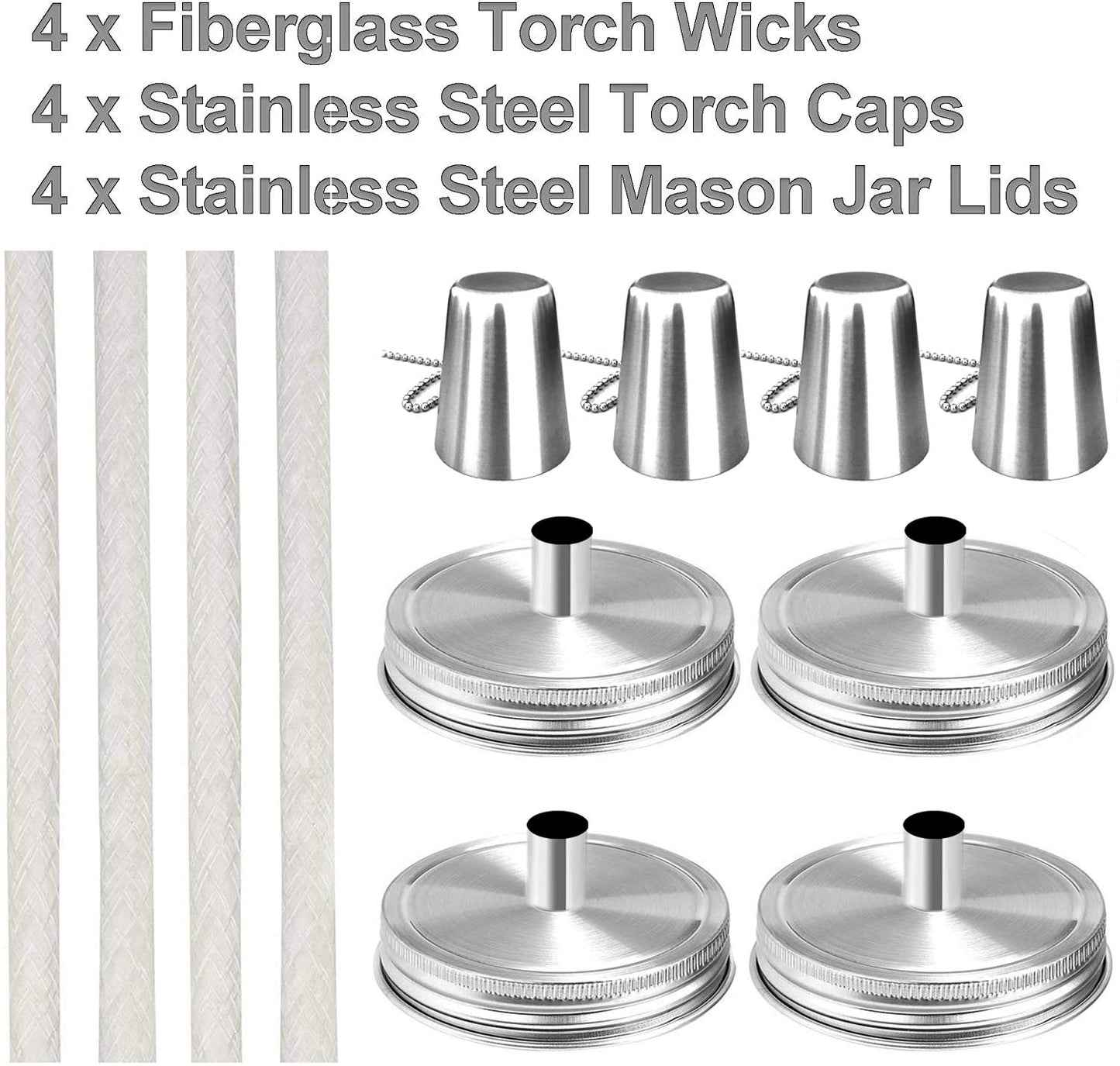 Yitee 4-Pack Mason Jar Tabletop Torch Kits with Stainless Steel Lids & Longlife Fiberglass Wicks – Outdoor Patio, Deck, Xmas Decor