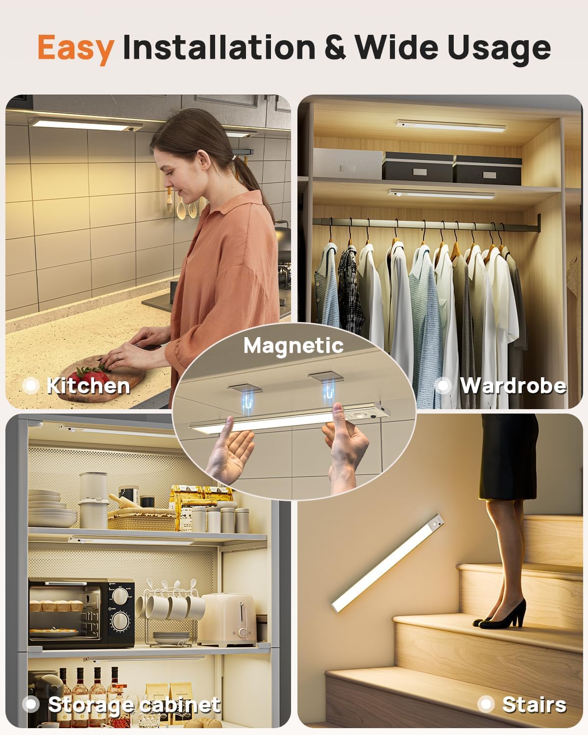 16" LED Under Cabinet Lights with Remote, Motion Sensor, USB Rechargeable 4000mAh, 3 Color Temps, Wireless Kitchen, Closet, 3-Pack